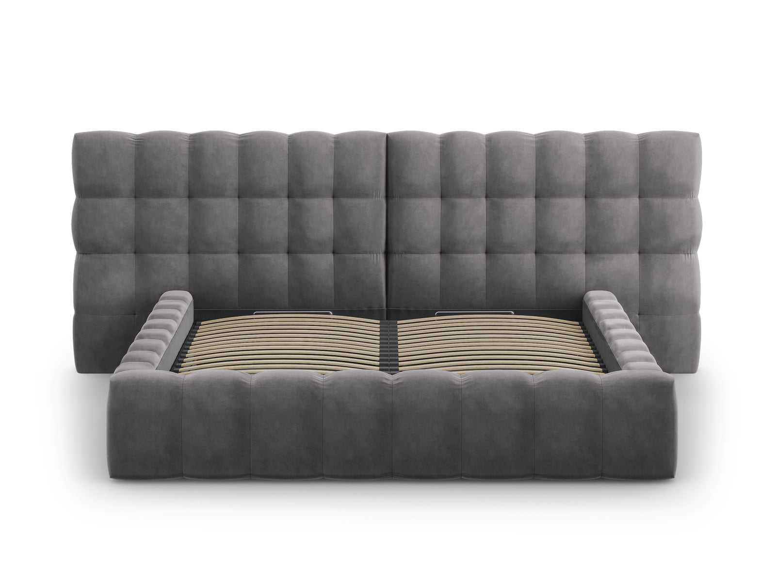 Entdecken Sie das Mamaia Velour Bett von Micadoni: Luxuriös, mit doppeltem Headboard und praktischem Stauraum für ein stilvolles Schlafzimmer.