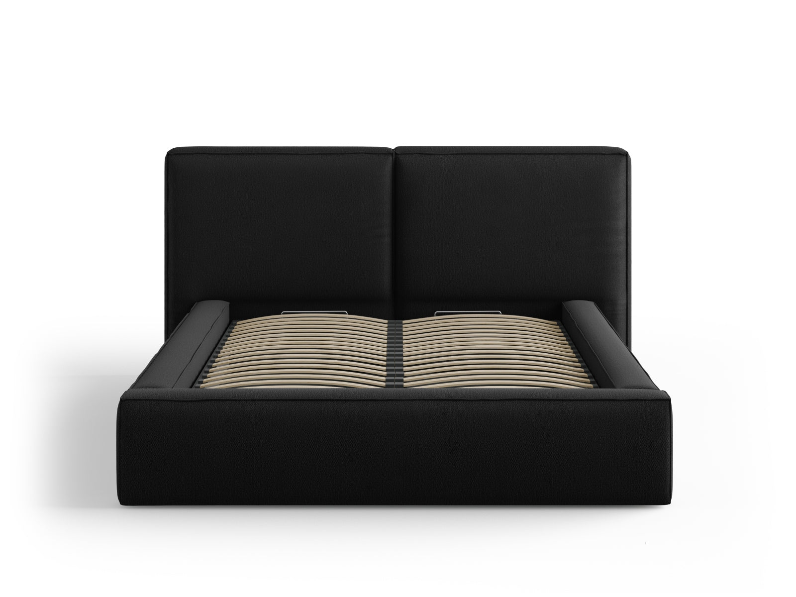 Elegantes Jodie Bett mit doppeltem Headboard und praktischer Stauraumfunktion in Schwarz, ideal für stilvolle Schlafzimmer.