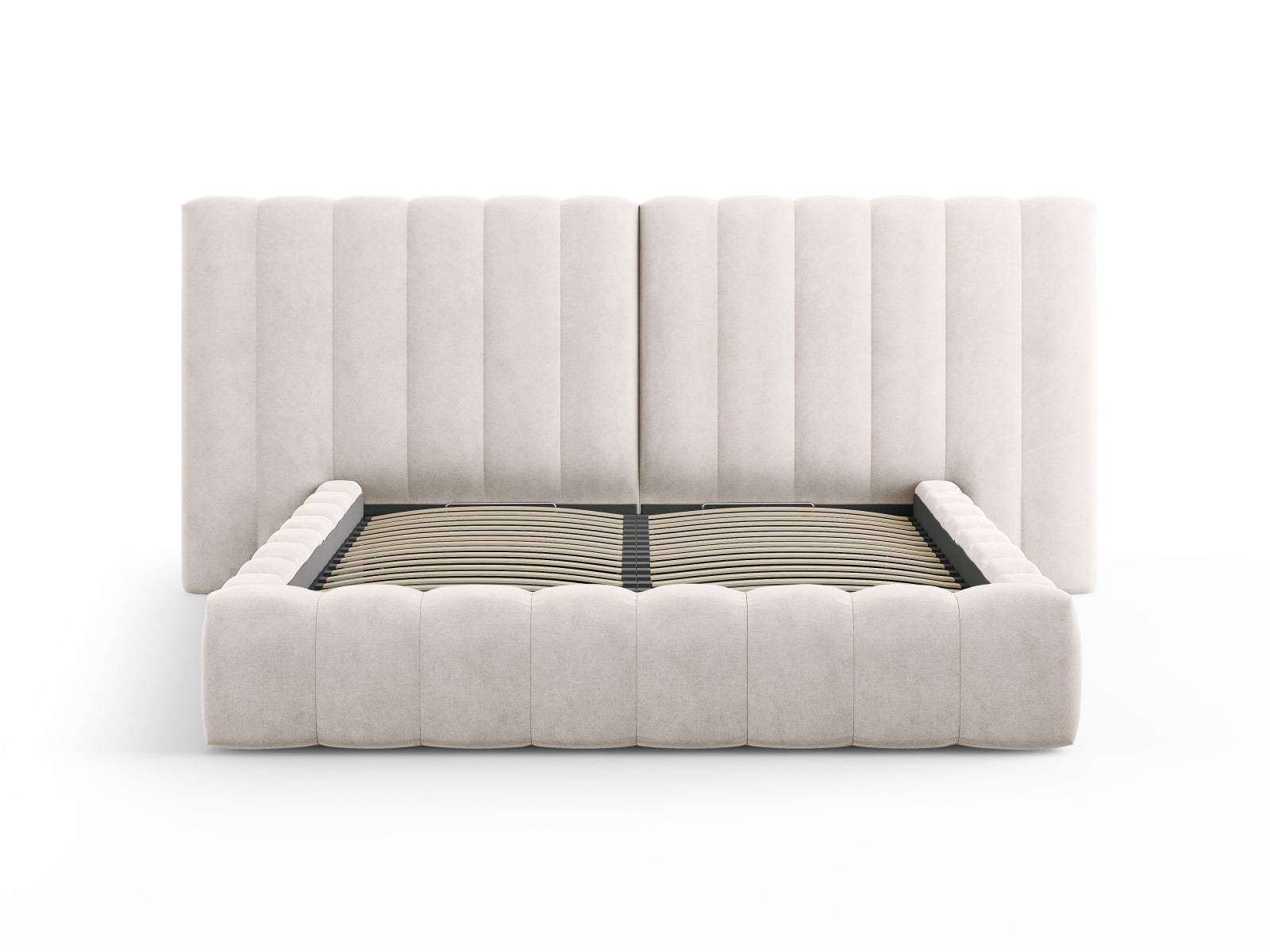 Entdecken Sie das Kelp Bett von Micadoni: stilvolles Design, praktischer Stauraum und ein elegantes doppeltes Headboard für höchsten Schlafkomfort.