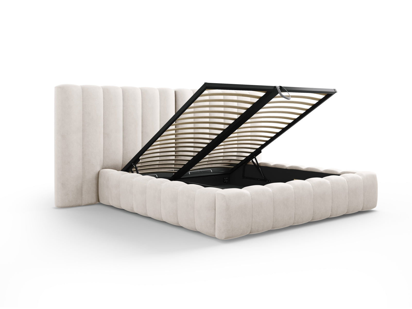 Entdecken Sie das Kelp Bett von Micadoni: stilvolles Design, praktischer Stauraum und ein elegantes doppeltes Headboard für optimalen Komfort.