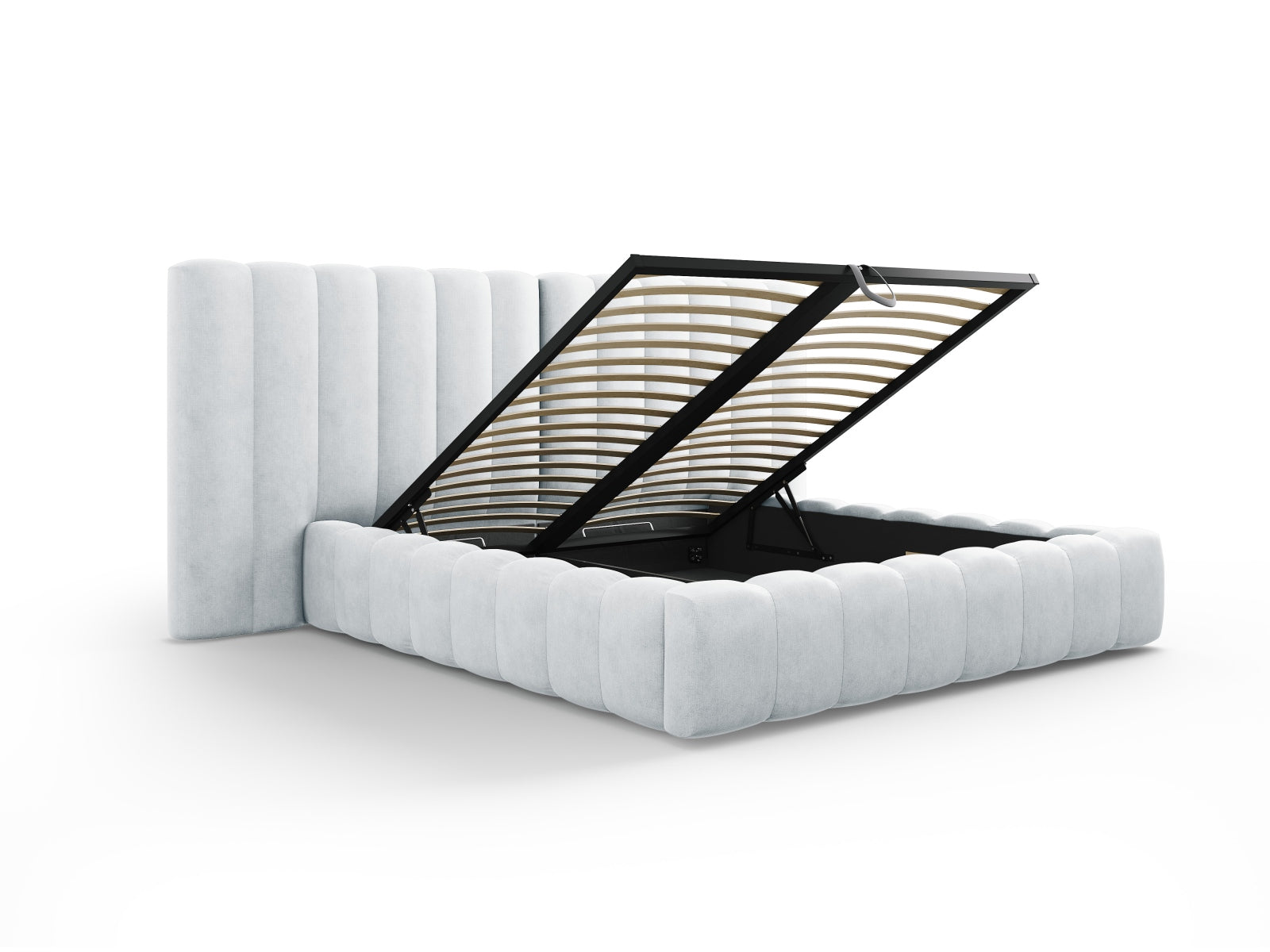 Entdecken Sie das Kelp Bett von Micadoni: stilvolles Design, praktischer Stauraum und ein elegantes doppeltes Headboard für höchsten Schlafkomfort.