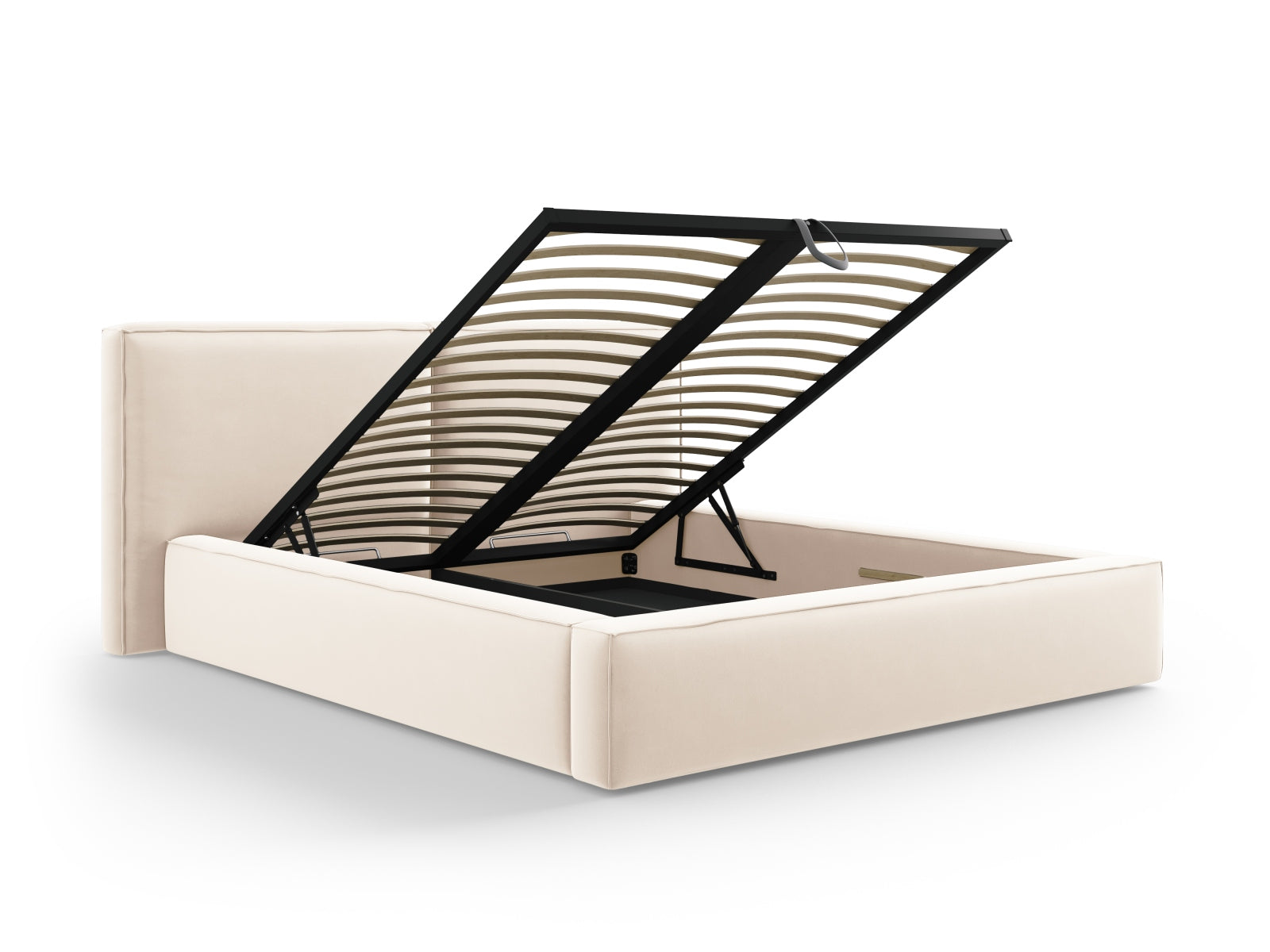 Erleben Sie das Jodie Velour Bett von Micadoni: 214 cm, luxuriöser Velourstoff, doppeltes Headboard und cleverer Stauraum für stilvolle Ordnung.