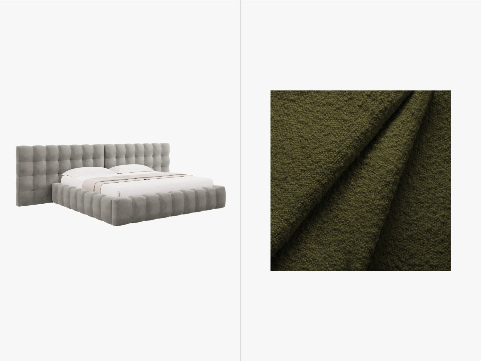 Mamaia Boucle Bett mit Strauaum und doppeltem Headboard 300cm in Dark Olive Green/Schwarz präsentiert im Onlineshop von KAQTU Design AG. Bett ist von Micadoni