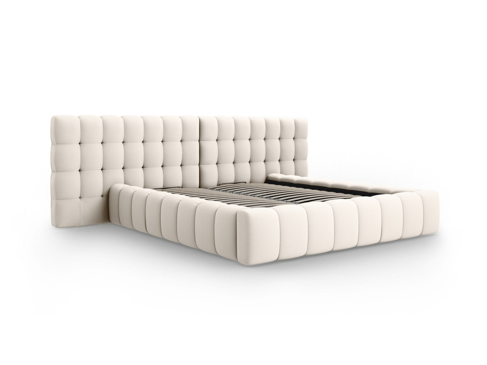 Stilvolles Mamaia Velour Bett in sanftem Beige, ausgestattet mit praktischem Stauraum und einem doppelten Kopfteil für zusätzlichen Komfort.
