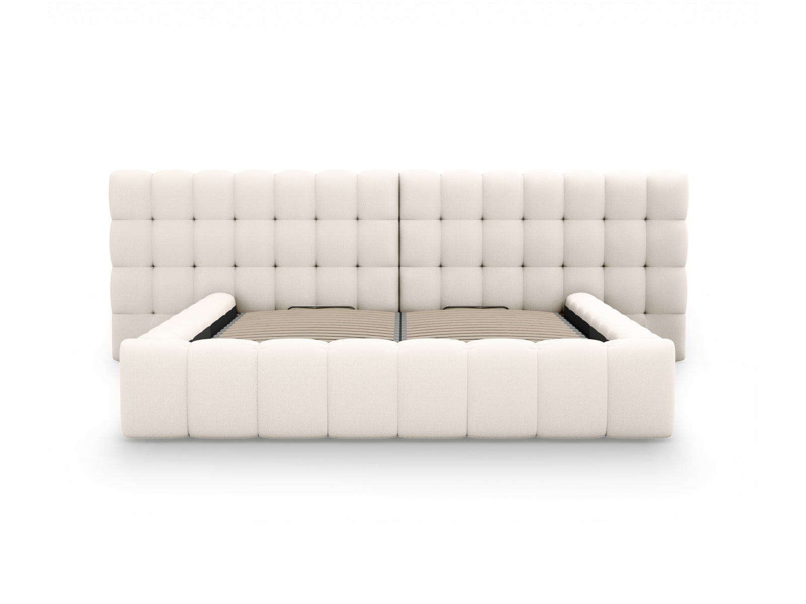 Elegantes Mamaia Velour Bett in zartem Beige, bietet großzügigen Stauraum und ein komfortables, doppeltes Kopfteil für stilvolle Schlafzimmer.