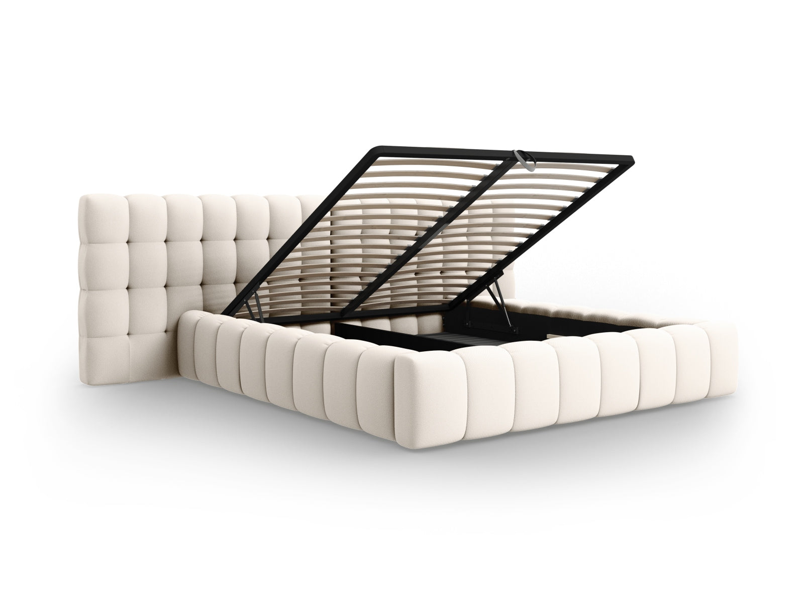Stilvolles Mamaia Velour Bett in sanftem Beige, ausgestattet mit praktischem Stauraum und einem doppelten Kopfteil für zusätzlichen Komfort.