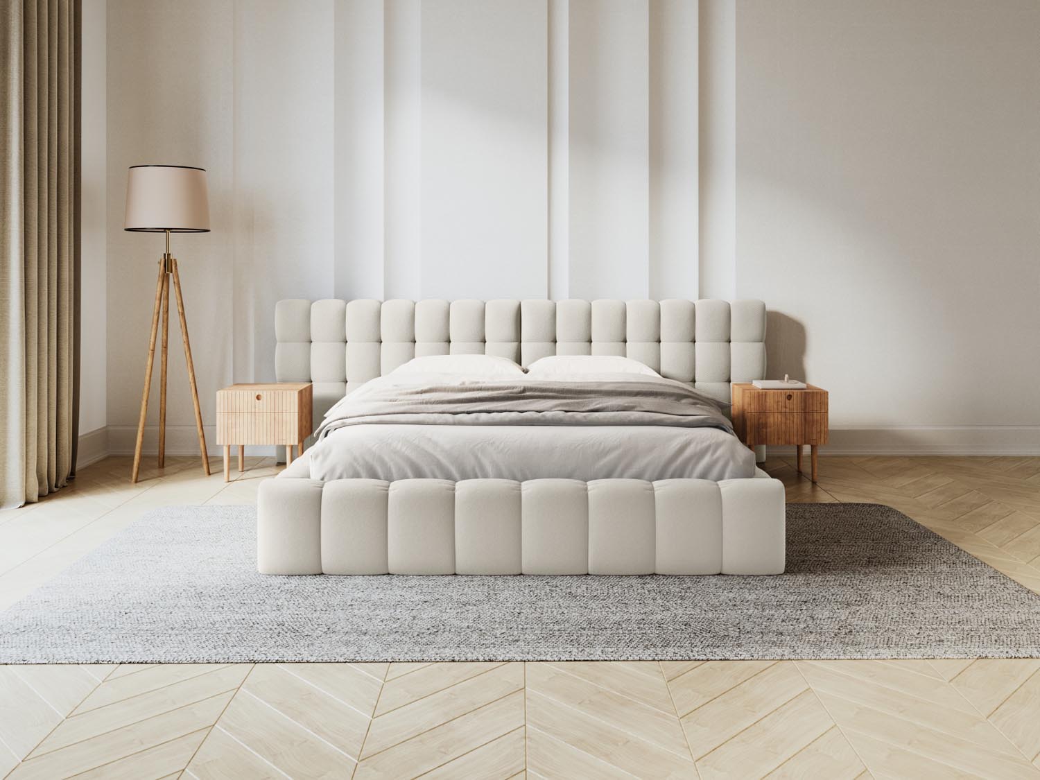 Elegantes Mamaia Velour Bett in Light Beige mit praktischem Stauraum und stilvollem doppeltem Headboard, ideal für jedes Schlafzimmer.