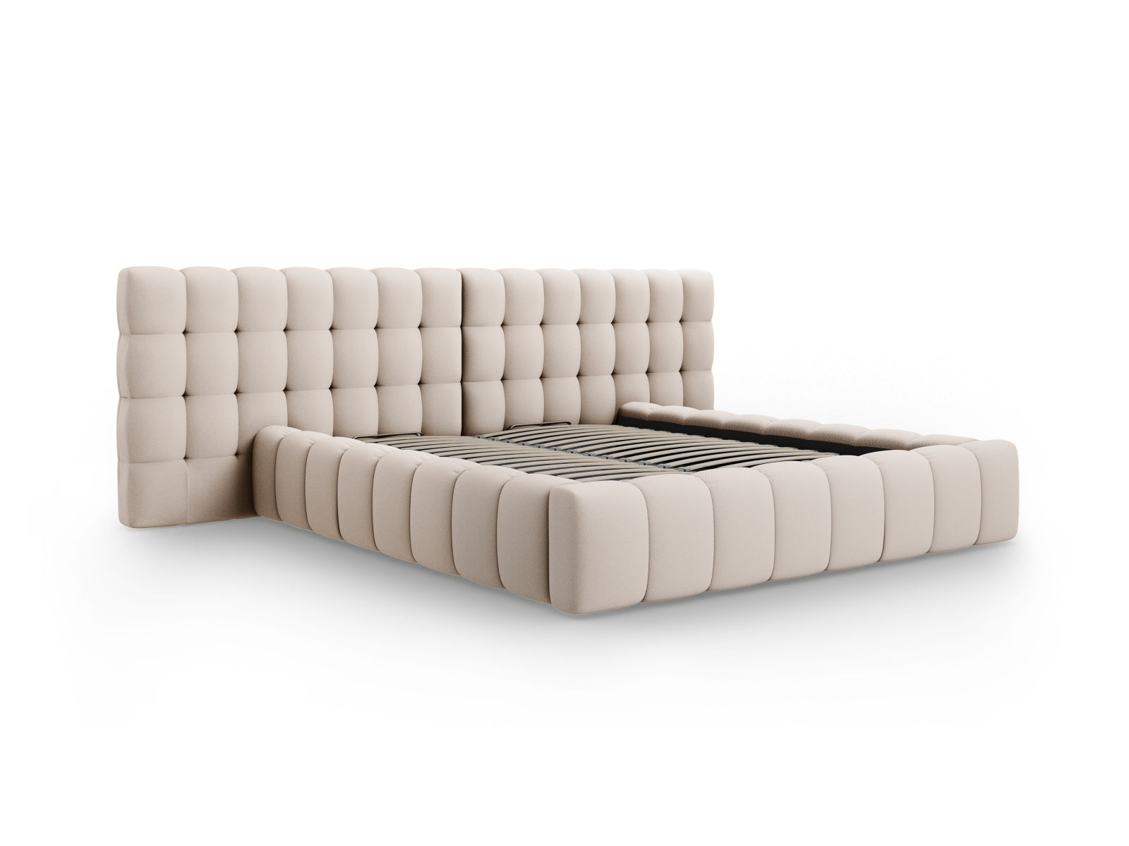 Stilvolles Mamaia Velour Bett in Beige und Schwarz, ausgestattet mit praktischem Stauraum und einem doppelten Kopfteil für zusätzlichen Komfort.