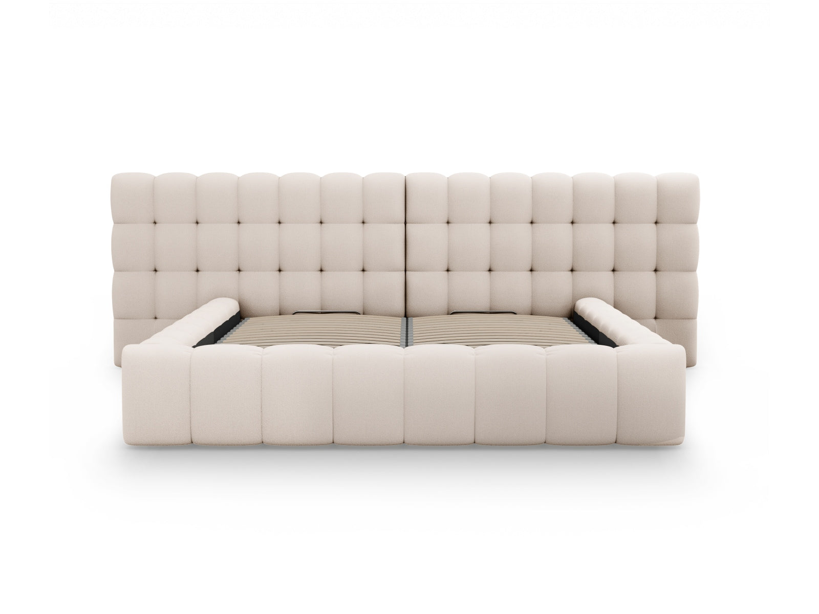 Elegantes Mamaia Velour Bett in sanften Beige- und Schwarz-Tönen, bietet großzügigen Stauraum und ein komfortables doppeltes Kopfteil.