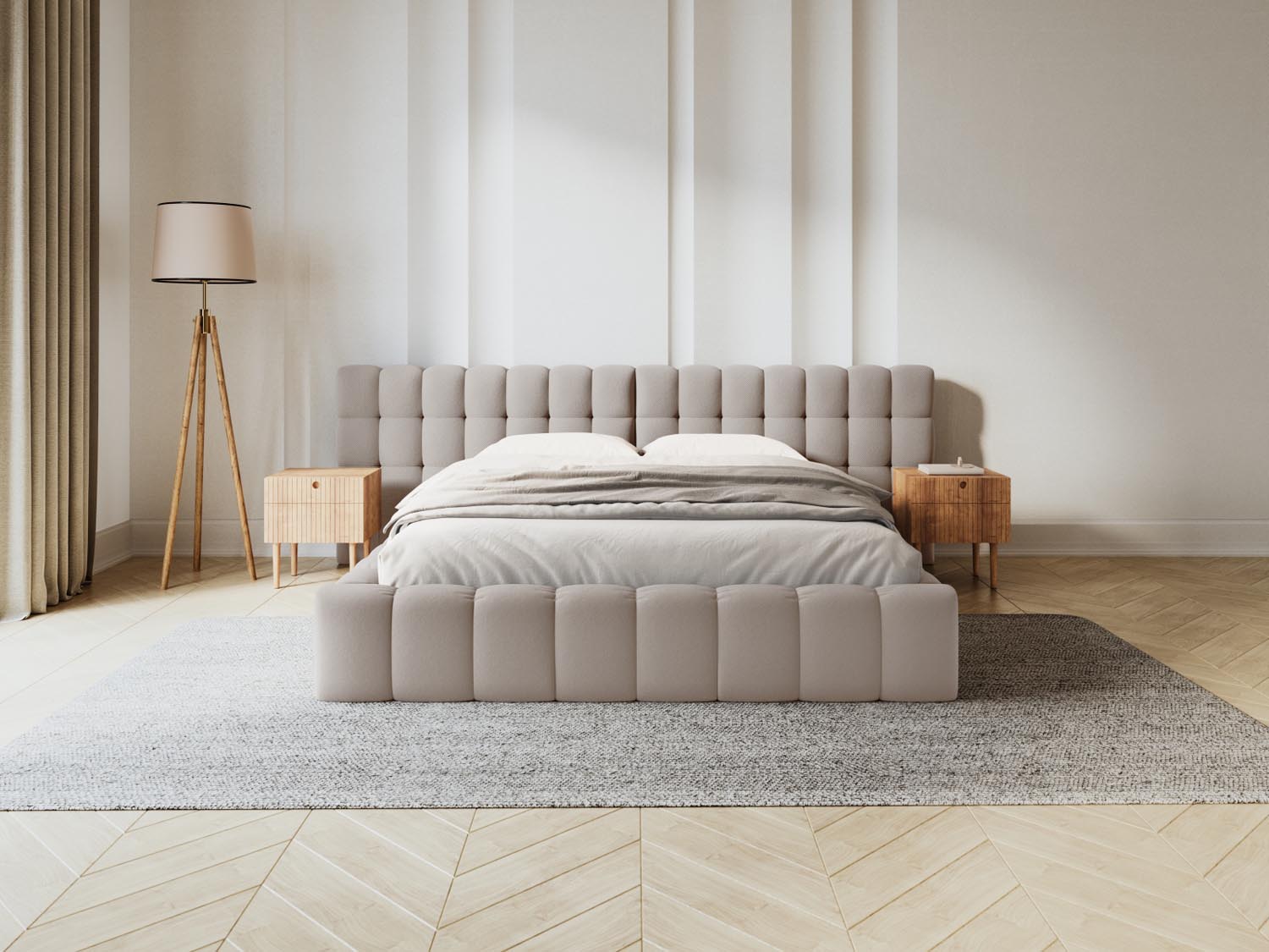 Elegantes Mamaia Velour Bett in Beige und Schwarz mit praktischem Stauraum und doppeltem Kopfteil, ideal für stilvolle Schlafzimmer.