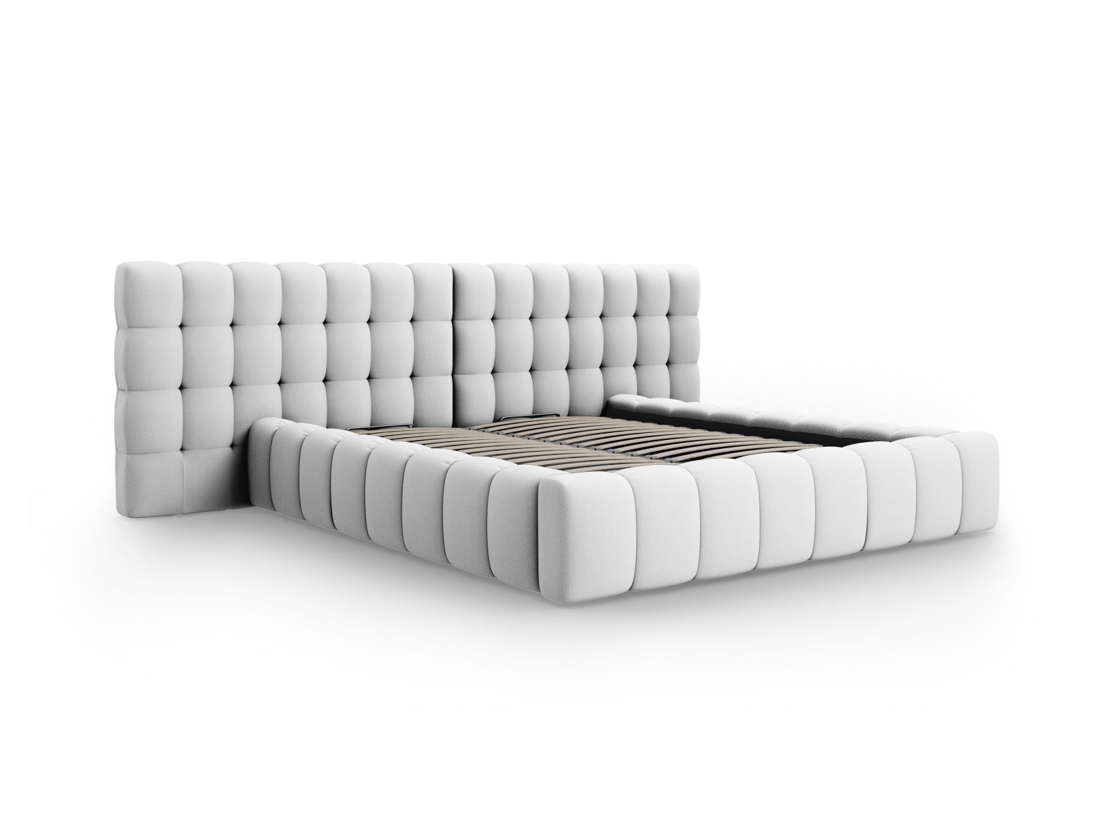 Stilvolles Mamaia Velour Bett in sanften Grautönen mit doppeltem Kopfteil und cleverem Stauraum, perfekt für moderne Schlafzimmer.