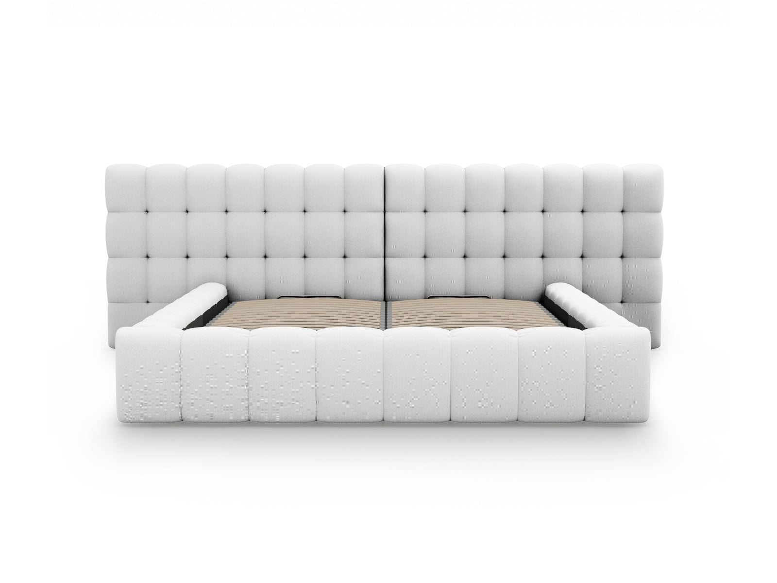 Elegantes Mamaia Velour Bett in Grau mit praktischem Stauraum und doppeltem Kopfteil, ideal für stilvolle Schlafzimmergestaltung.