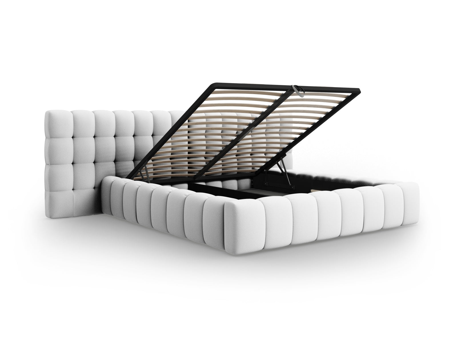 Stilvolles Mamaia Velour Bett in Grau mit großzügigem Stauraum und doppeltem Kopfteil, perfekt für moderne Schlafzimmer.