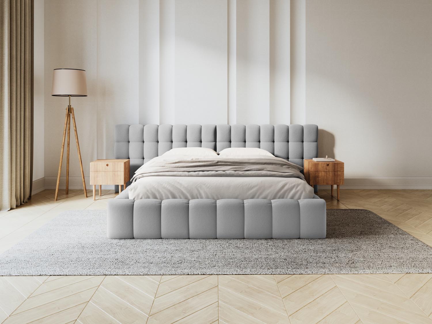 Elegantes Mamaia Velour Bett in Light Grey/Schwarz-Neve mit praktischem Stauraum und stilvollem doppeltem Headboard, ideal für jedes Schlafzimmer.