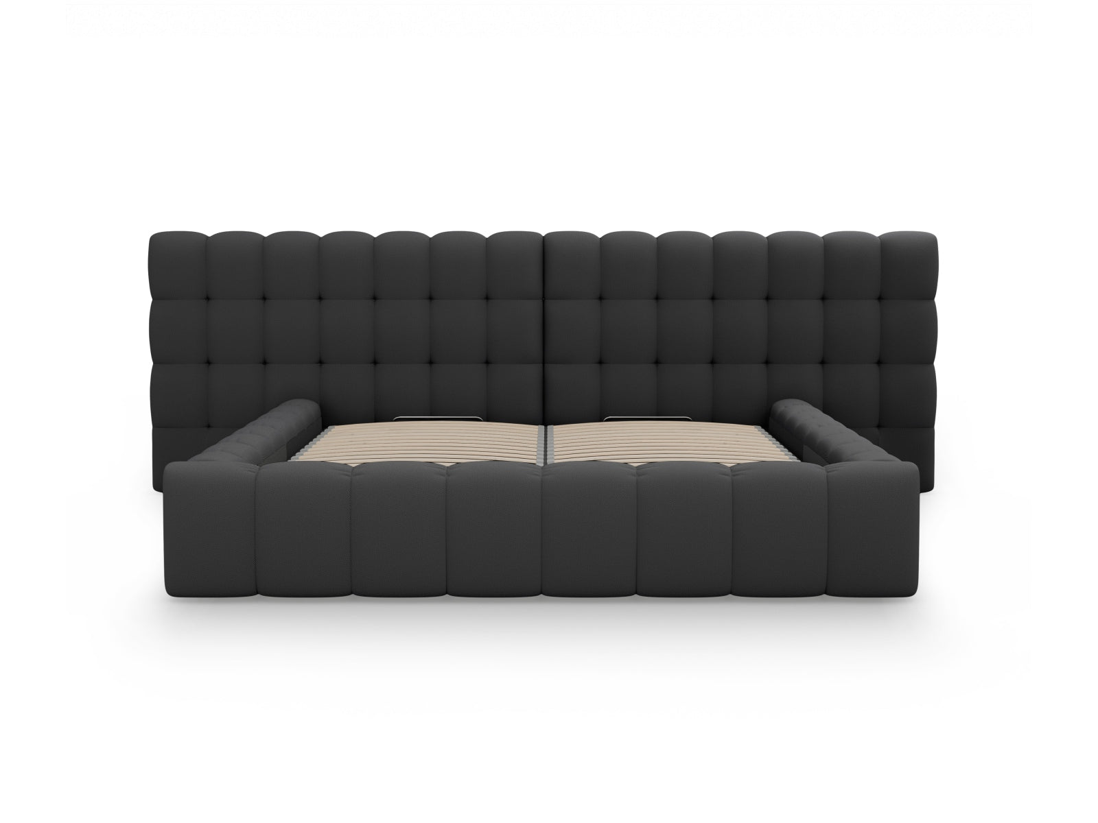 Elegantes Mamaia Velour Bett in Dunkelgrau, bietet großzügigen Stauraum und ein luxuriöses doppeltes Kopfteil für optimalen Schlafkomfort.