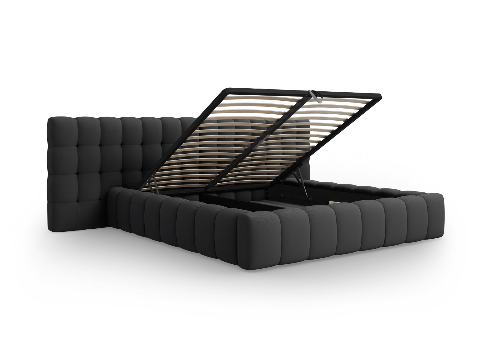 Stilvolles Mamaia Velour Bett in Dunkelgrau mit praktischem Stauraum und doppeltem Kopfteil für höchsten Schlafkomfort und modernes Design.