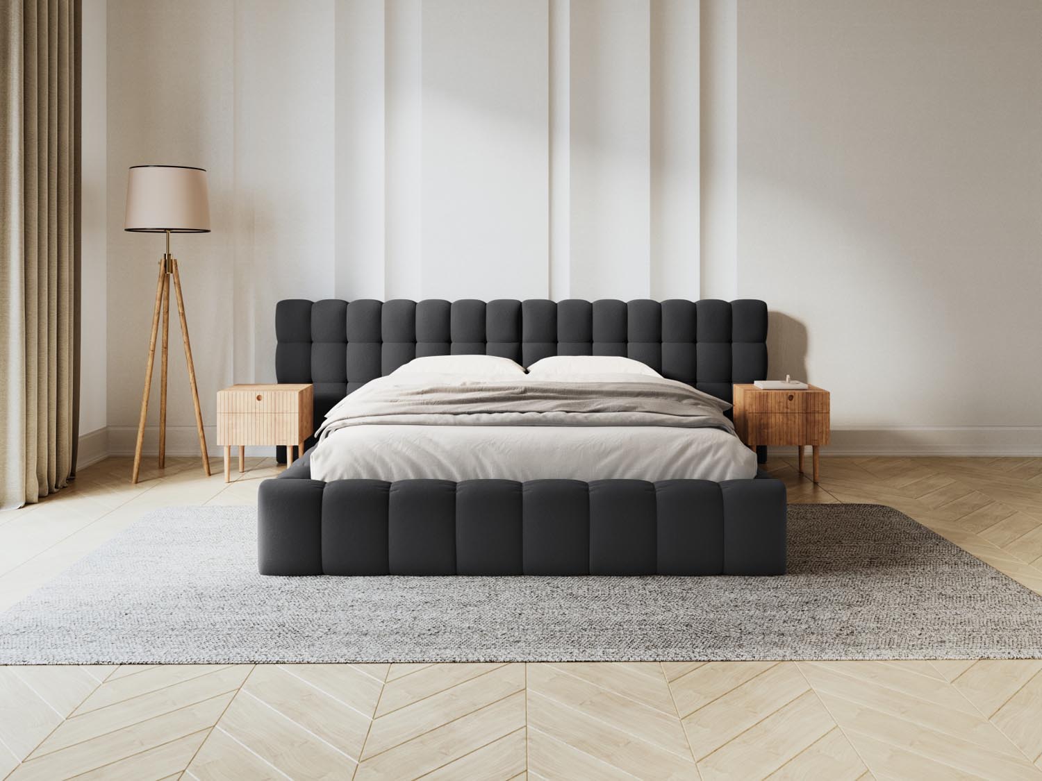 Elegantes Mamaia Velour Bett in Dunkelgrau mit praktischem Stauraum und doppeltem Kopfteil, ideal für stilvolle Schlafzimmer.