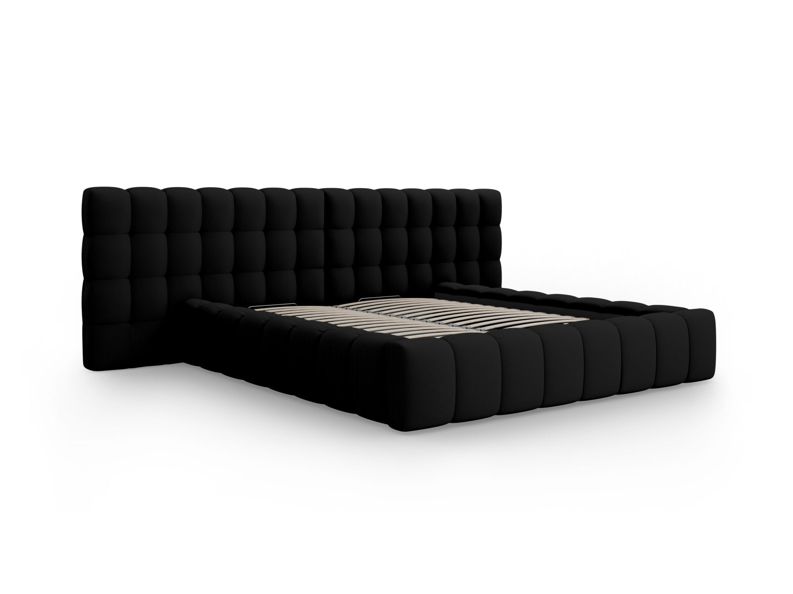 Schwarzes Mamaia Velour Bett mit doppeltem Kopfteil und integriertem Stauraum, perfekt für moderne Schlafzimmergestaltung.