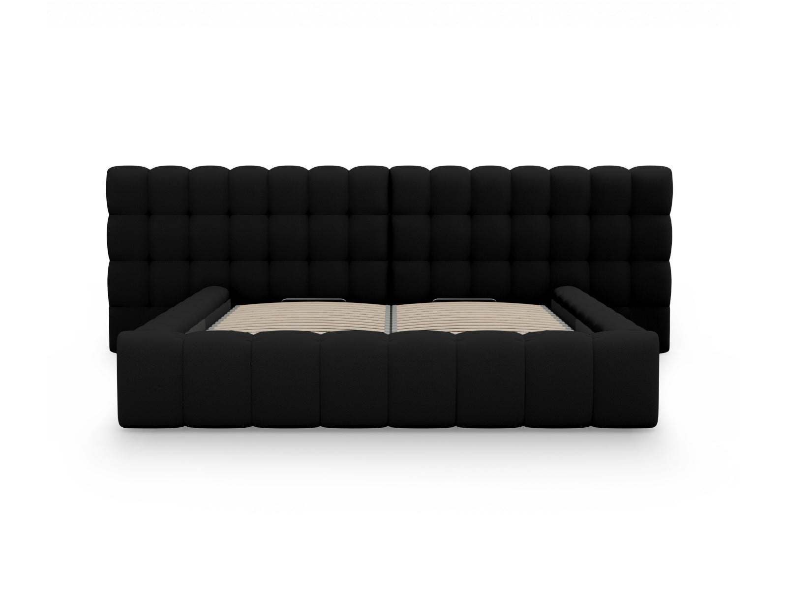 Elegantes Mamaia Velour Bett in Schwarz mit großzügigem Stauraum und stilvollem doppeltem Kopfteil, ideal für zeitgemäße Schlafzimmer.