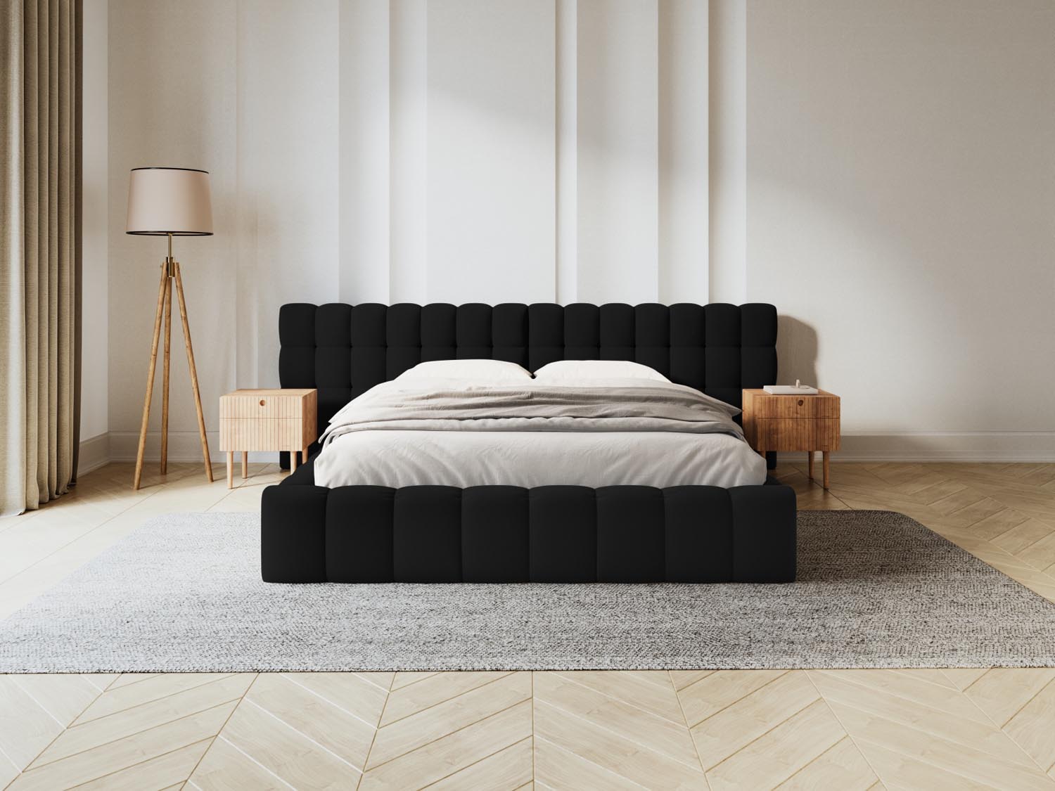 Elegantes Mamaia Velour Bett in Schwarz mit praktischem Stauraum und doppeltem Kopfteil, ideal für stilvolle Schlafzimmer.