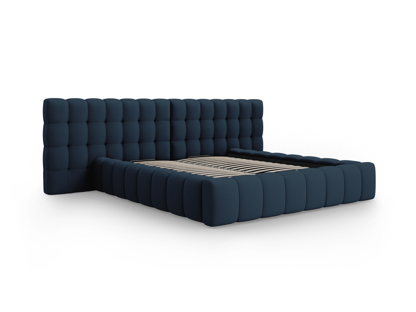 Stilvolles Mamaia Velour Bett in Blau und Schwarz, ausgestattet mit praktischem Stauraum und einem doppelten Kopfteil für zusätzlichen Komfort.