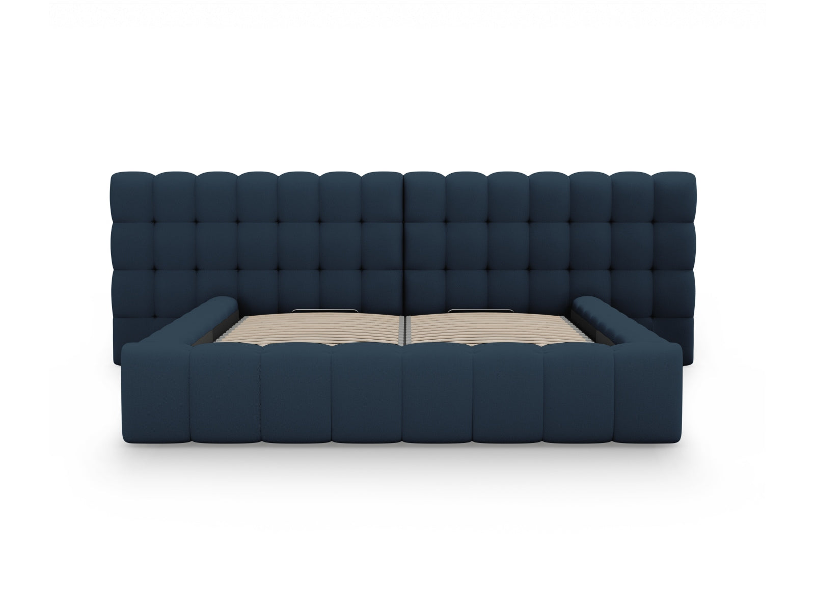 Elegantes Mamaia Velour Bett in Blau und Schwarz, bietet großzügigen Stauraum und ein komfortables, doppeltes Kopfteil.