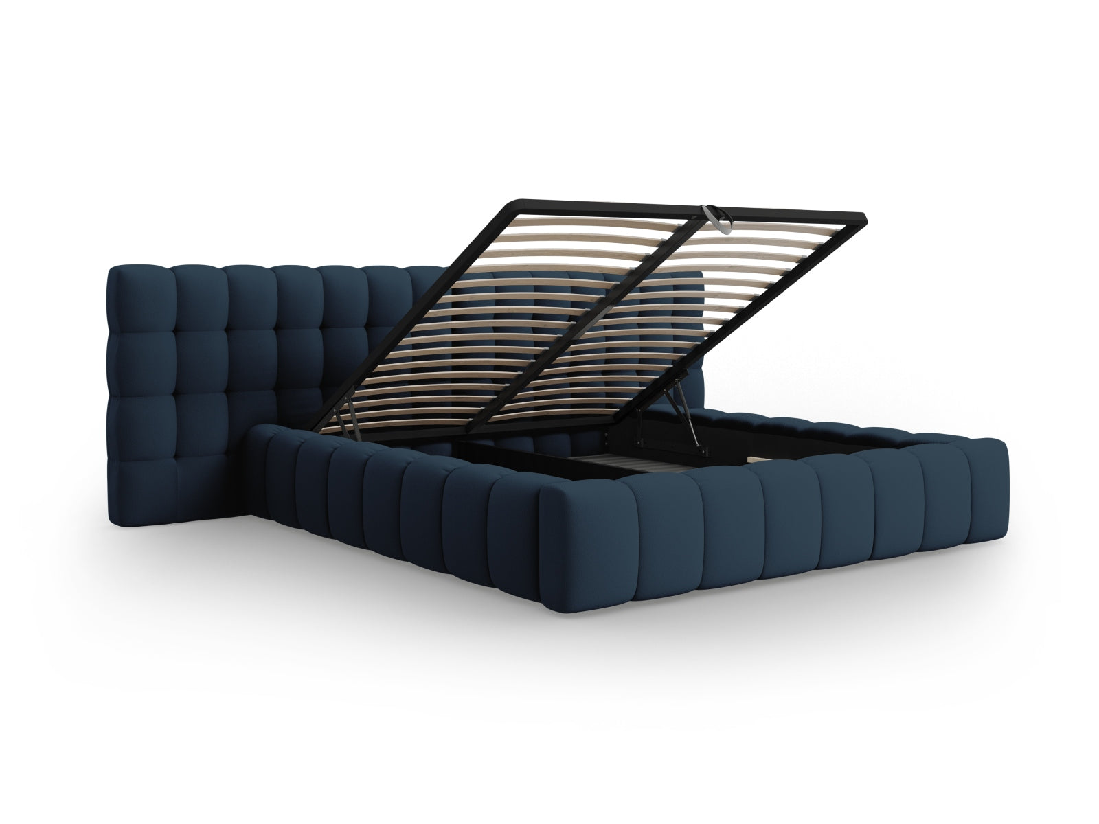 Stilvolles Mamaia Velour Bett in edlem Blau und Schwarz, ausgestattet mit praktischem Stauraum und einem luxuriösen, doppelten Kopfteil.