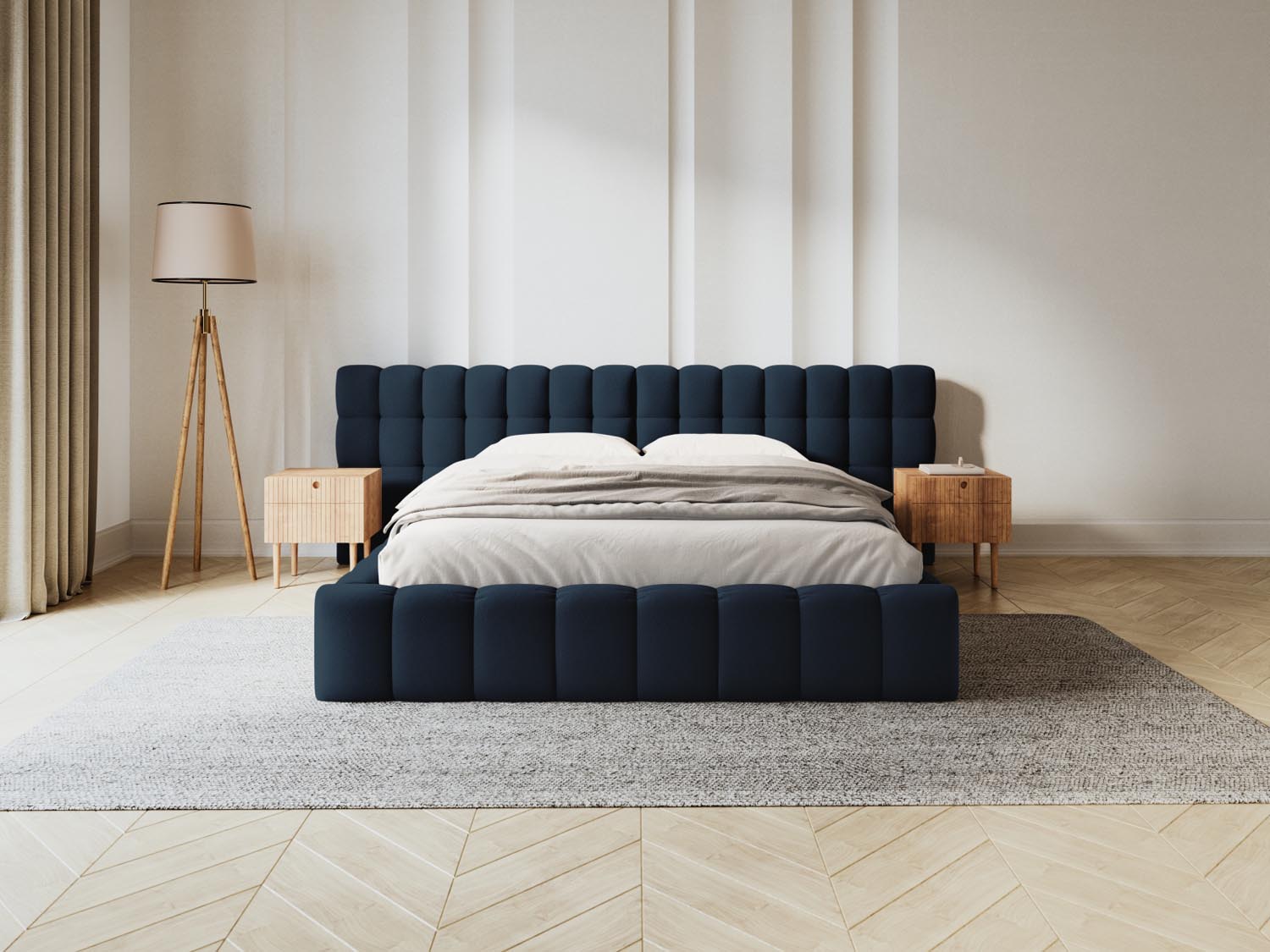Elegantes Mamaia Velour Bett in Blau/Schwarz mit praktischem Stauraum und doppeltem Kopfteil, ideal für stilvolle Schlafzimmer.