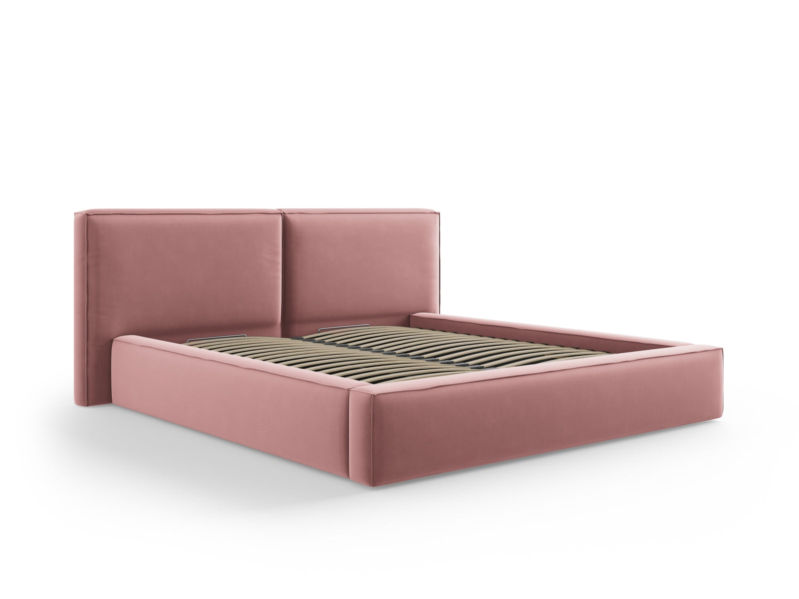 Erleben Sie das elegante Jodie Velour Bett von Micadoni, das mit seinem doppelten Headboard und praktischem Stauraum für stilvollen Komfort in Ihrem Schlafzimmer sorgt.