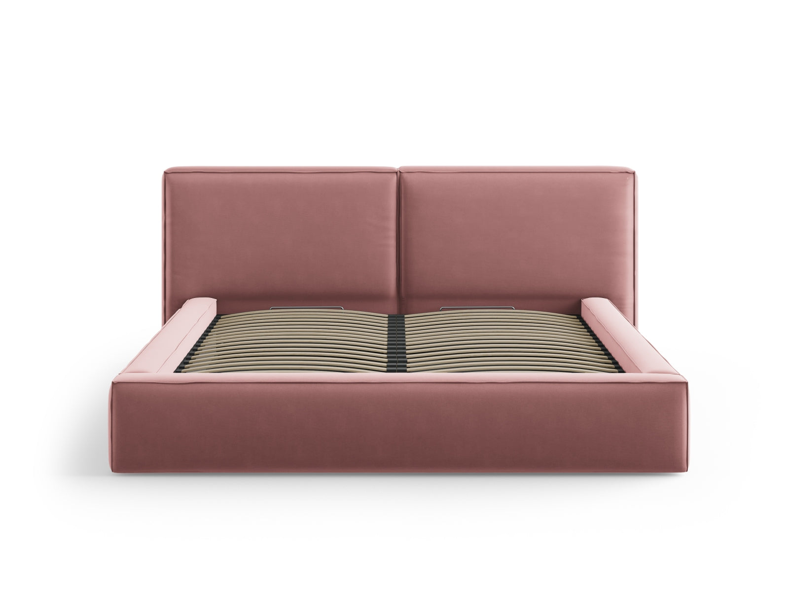 Entdecken Sie das Jodie Velour Bett von Micadoni: 234 cm pure Eleganz mit doppeltem Headboard und praktischem Stauraum für Ihr Schlafzimmer.