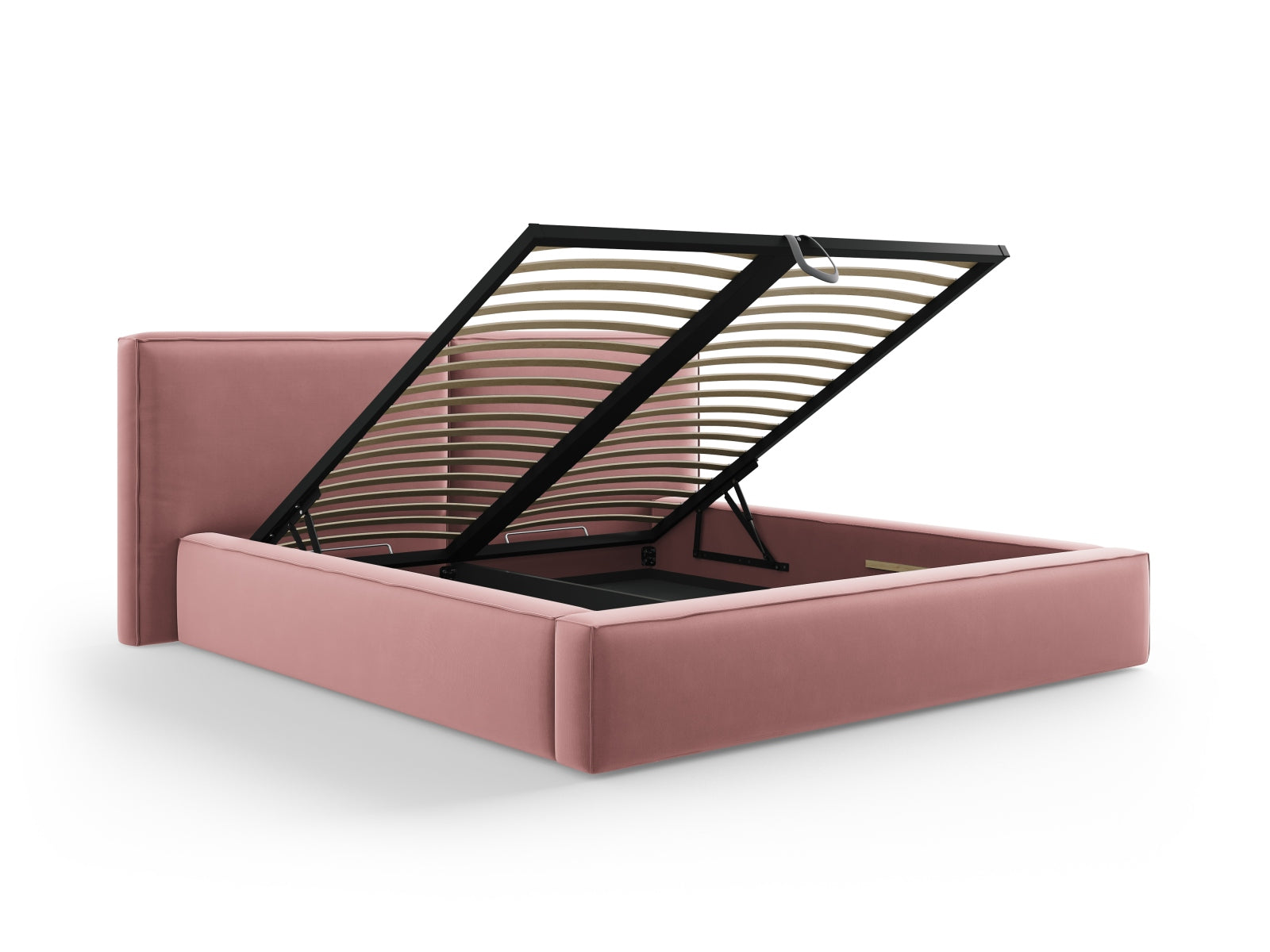 Erleben Sie das Jodie Velour Bett von Micadoni: 234 cm stilvolles Design, doppeltes Headboard und cleverer Stauraum für ein aufgeräumtes Schlafzimmer.