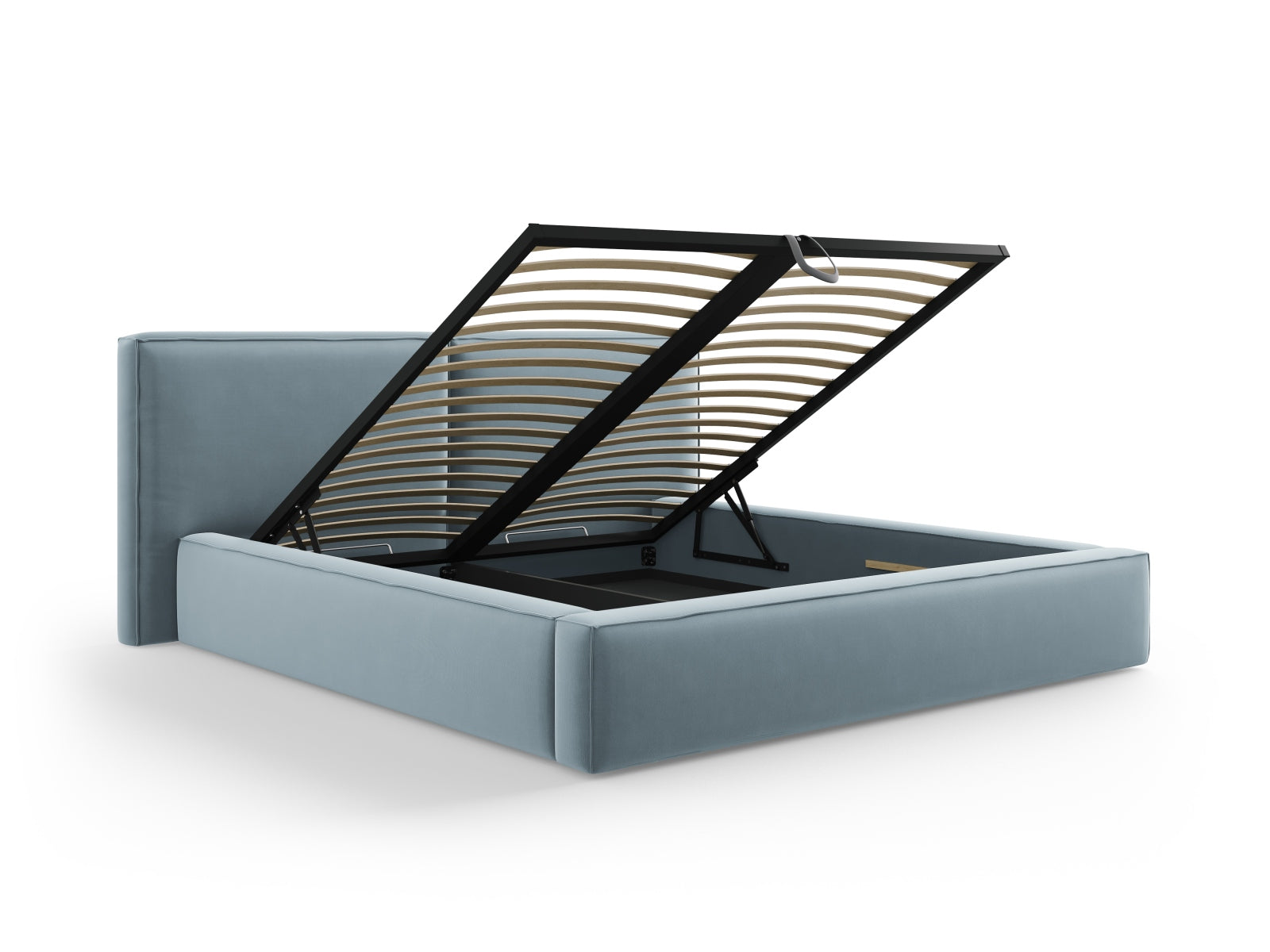 Erleben Sie das Jodie Velour Bett von Micadoni: 234 cm pure Eleganz mit doppeltem Headboard und praktischem Stauraum für Ihr Schlafzimmer.