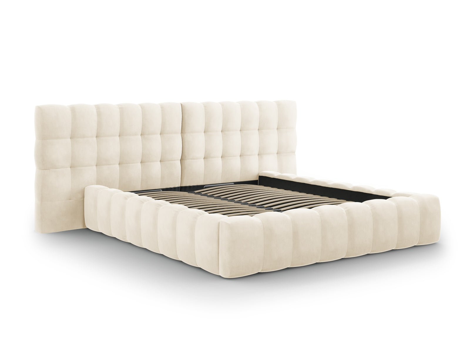 Stilvolles Mamaia Velour Bett in sanftem Beige, ausgestattet mit praktischem Stauraum und einem doppelten Kopfteil für zusätzlichen Komfort.