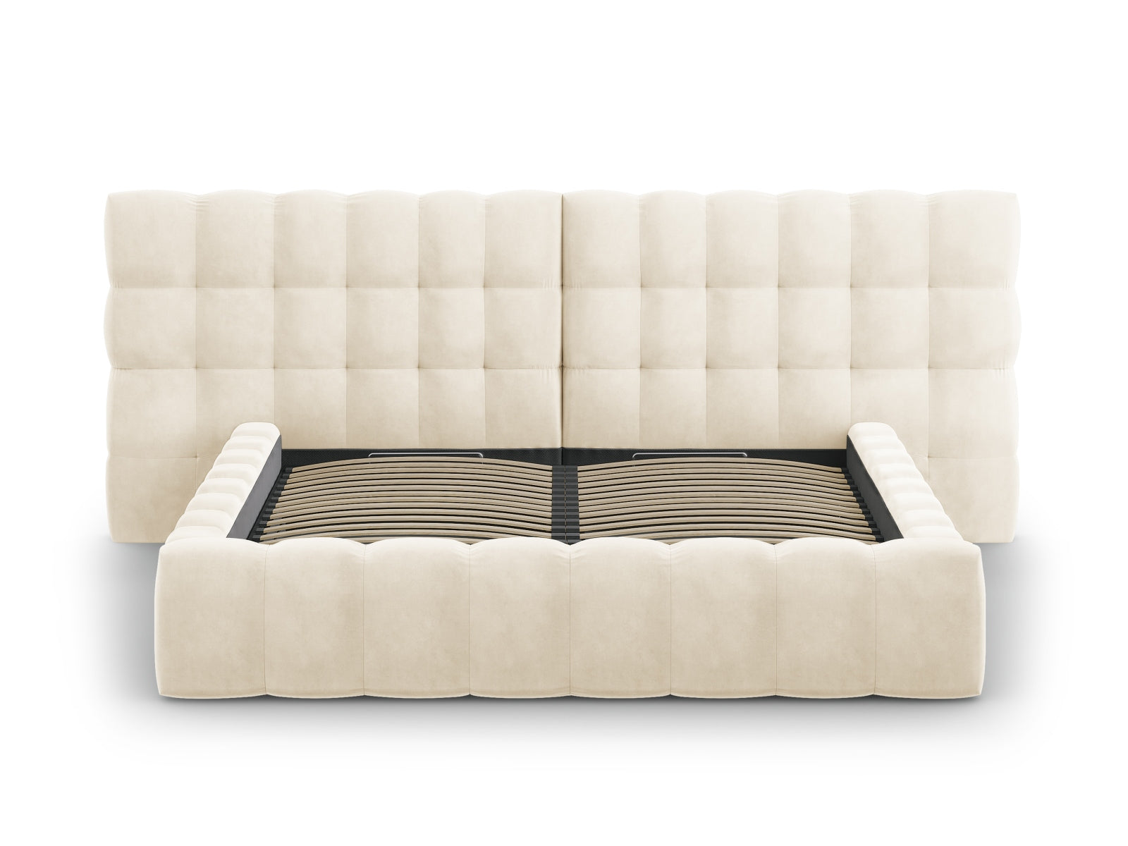 Elegantes Mamaia Velour Bett in zartem Beige, bietet großzügigen Stauraum und ein komfortables, doppeltes Kopfteil für stilvolle Schlafzimmergestaltung.