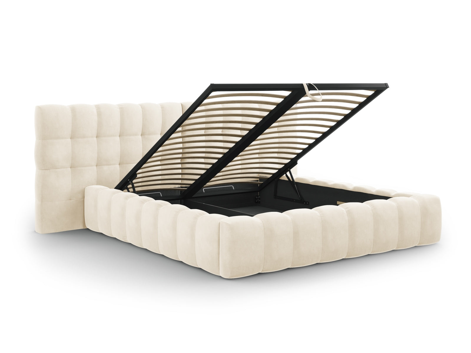 Stilvolles Mamaia Velour Bett in sanftem Beige mit praktischem Stauraum und doppeltem Kopfteil für ein modernes Schlafzimmer.
