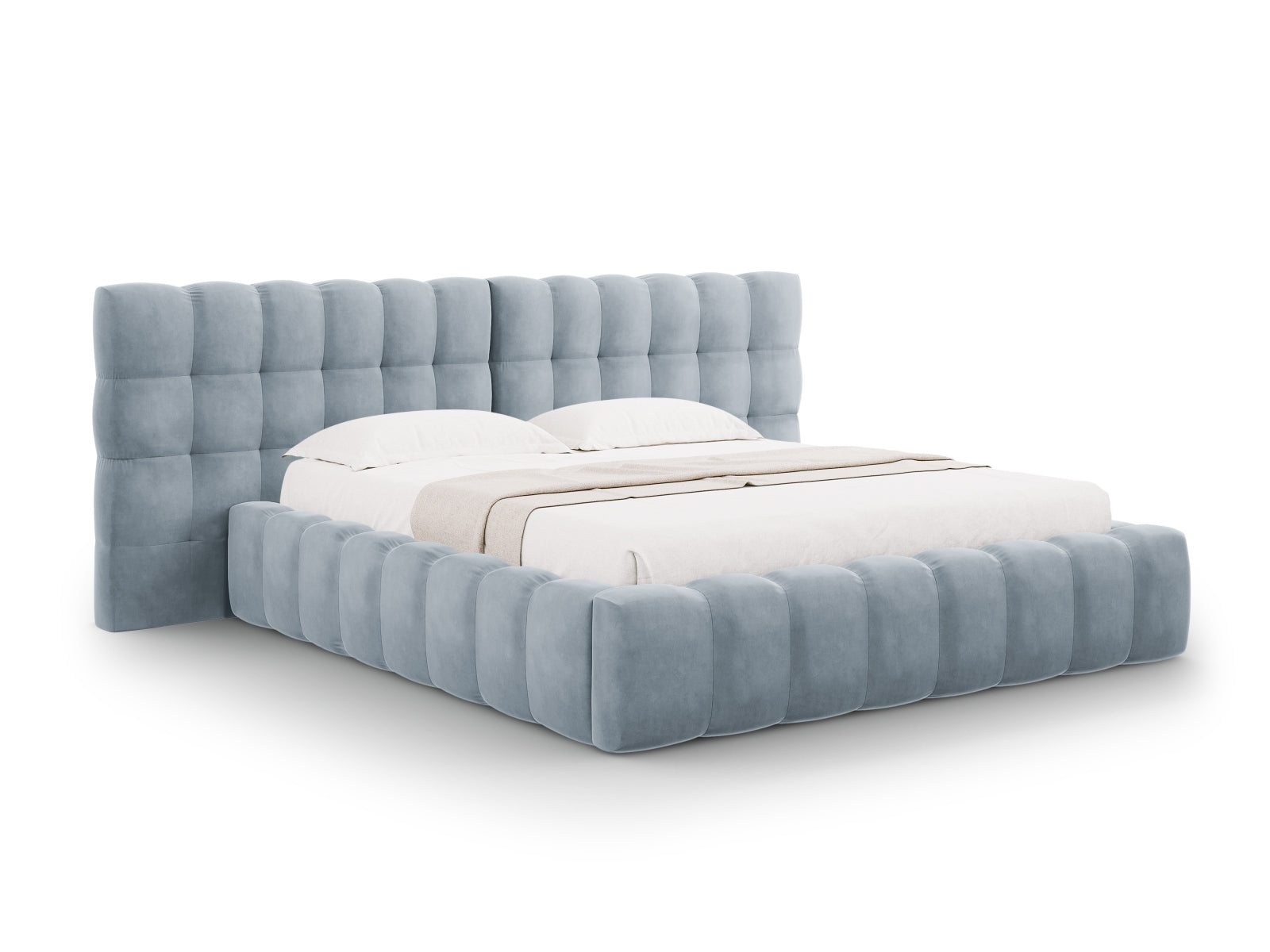Mamaia Velour Bett mit Strauaum und doppeltem Headboard 300cm in Light Blue/Schwarz präsentiert im Onlineshop von KAQTU Design AG. Bett ist von Micadoni