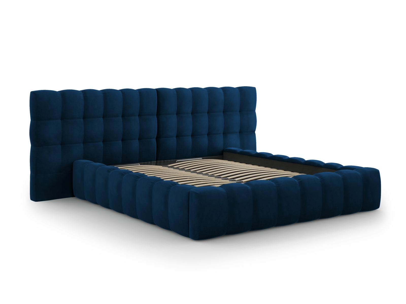 Luxuriöses Mamaia Velour Bett in Royal Blue, ausgestattet mit praktischem Stauraum und einem doppelten Kopfteil für zusätzlichen Komfort.