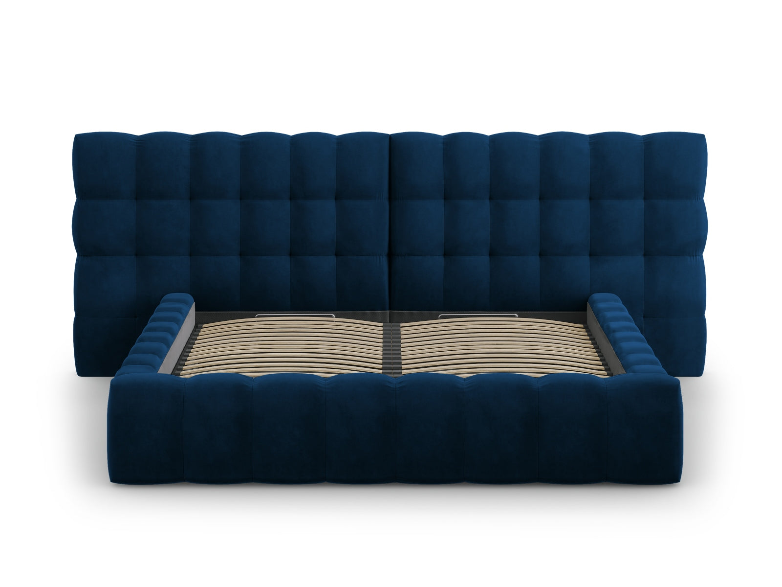 Elegantes Mamaia Velour Bett in Royal Blue, bietet großzügigen Stauraum und ein stilvolles doppeltes Kopfteil für höchsten Schlafkomfort.