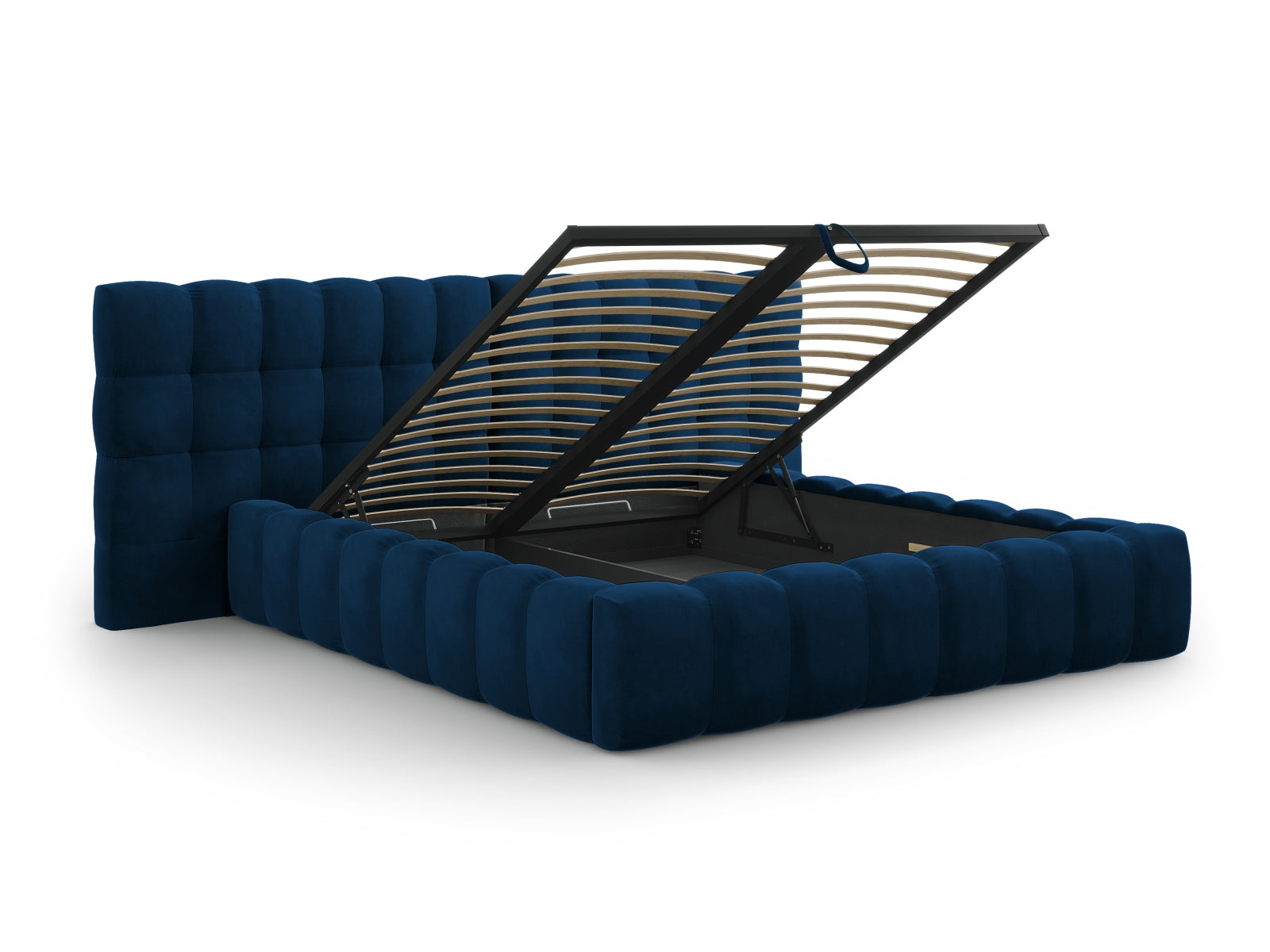 Stilvolles Mamaia Velour Bett in Royal Blue mit praktischem Stauraum und doppeltem Kopfteil für ein modernes Schlafzimmer.