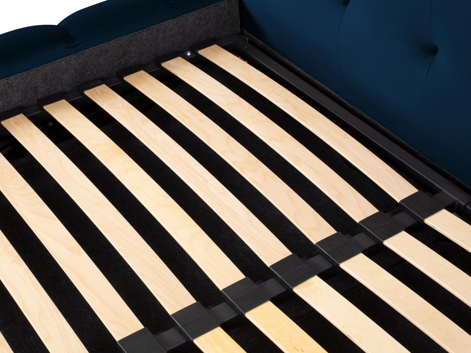 Stilvolles Mamaia Velour Bett in Royal Blue, 180 cm, mit praktischem Stauraum und doppeltem Kopfteil für ein modernes Schlafzimmer.