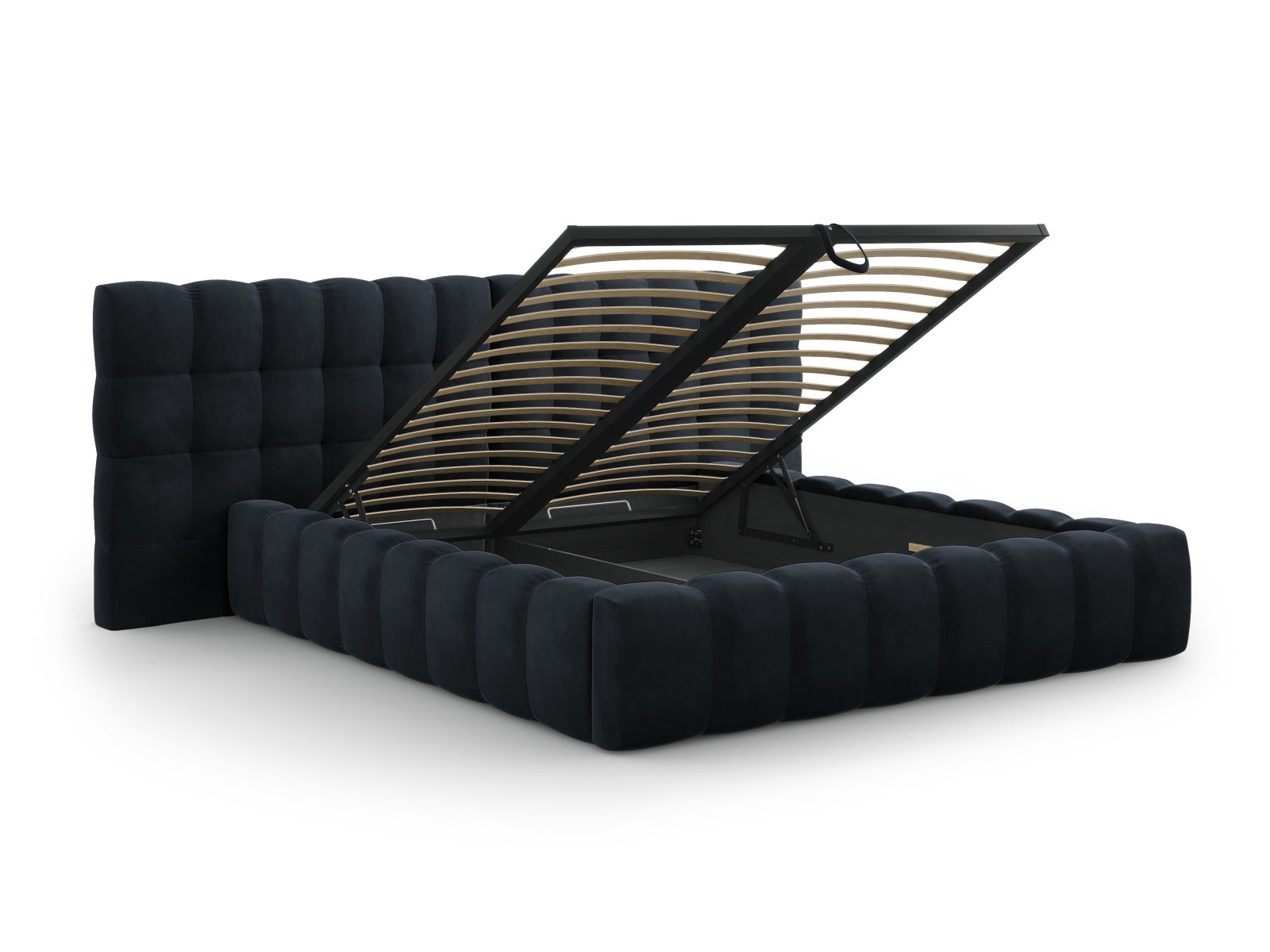 Luxuriöses Mamaia Velour Bett in tiefem Blau, ausgestattet mit praktischem Stauraum und einem ansprechenden doppelten Kopfteil für optimalen Komfort.