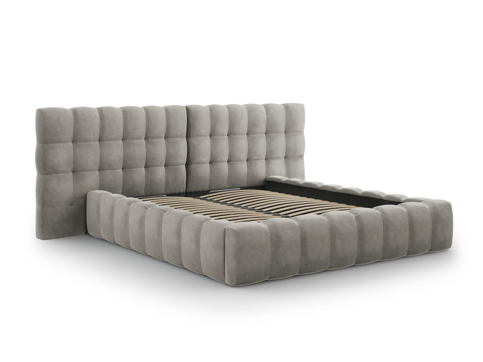 Stylisches Mamaia Velour Bett in hellem Grau, ausgestattet mit praktischem Stauraum und einem doppelten Kopfteil für zusätzlichen Komfort.