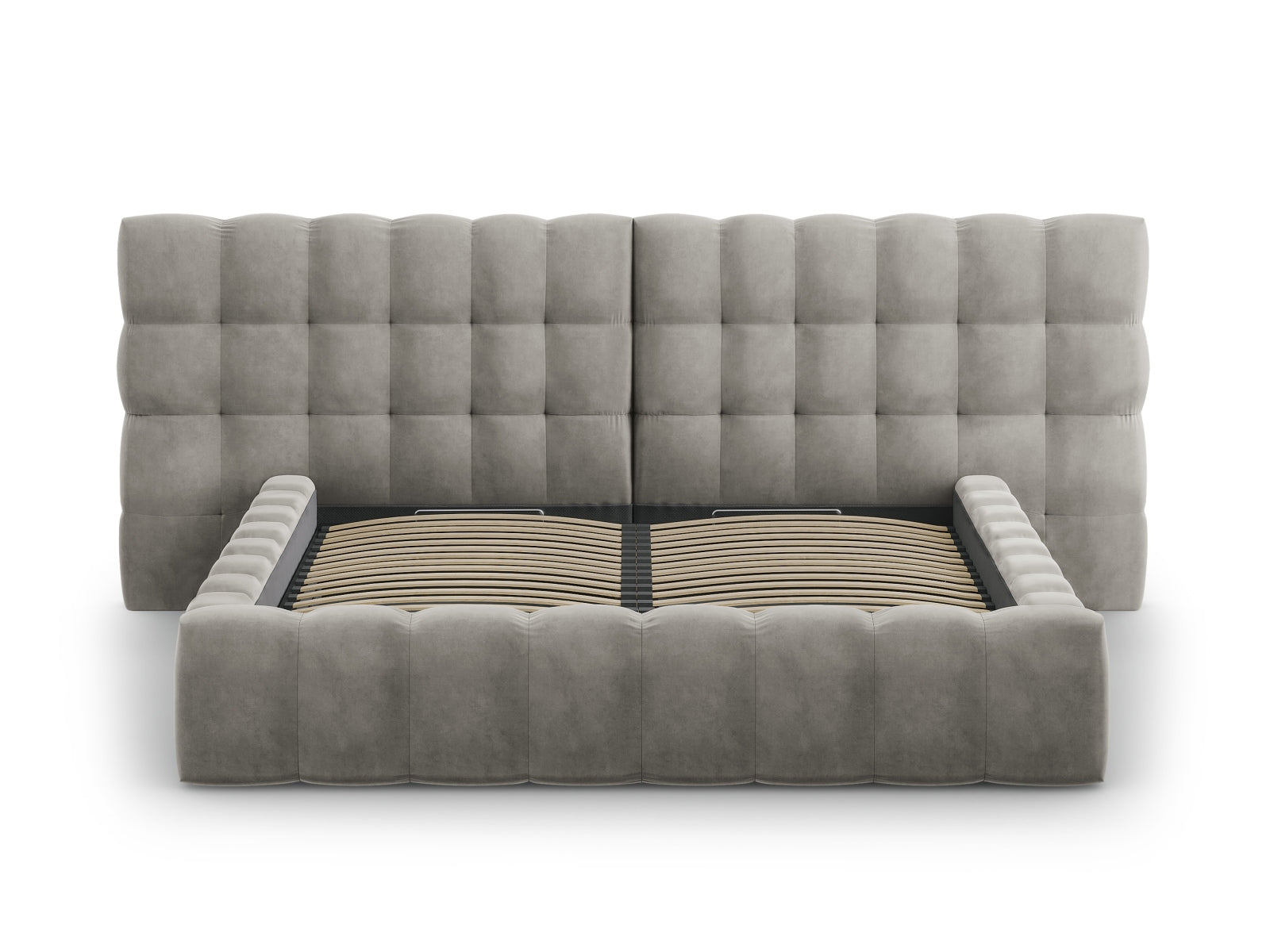 Elegantes Mamaia Velour Bett in sanftem Grau, bietet cleveren Stauraum und ein komfortables, doppeltes Kopfteil für stilvolle Schlafzimmer.