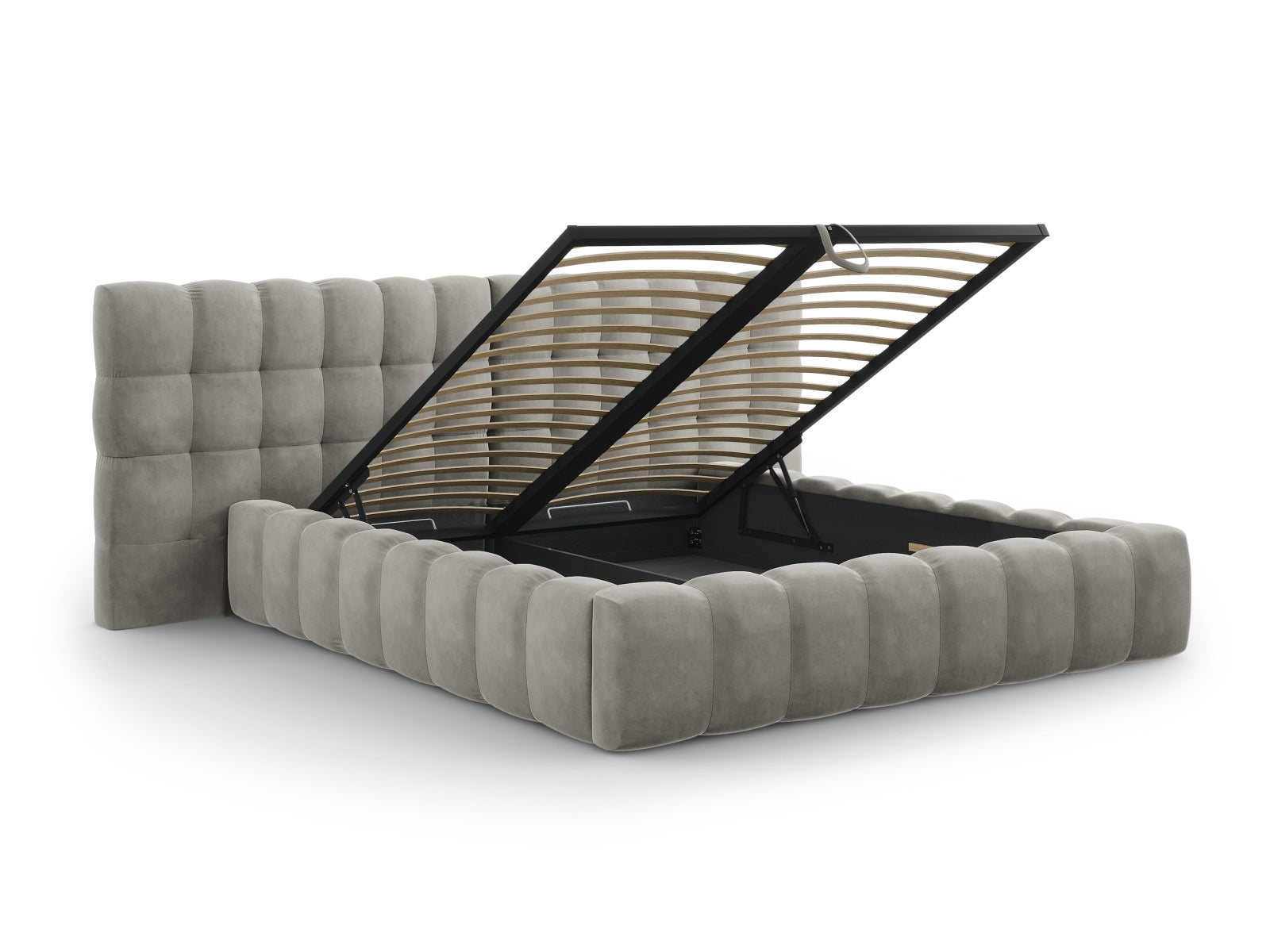 Erleben Sie das Mamaia Velour Bett von Micadoni: 300 cm, luxuriöser Velourstoff, doppeltes Headboard und cleverer Stauraum für stilvolle Nächte.