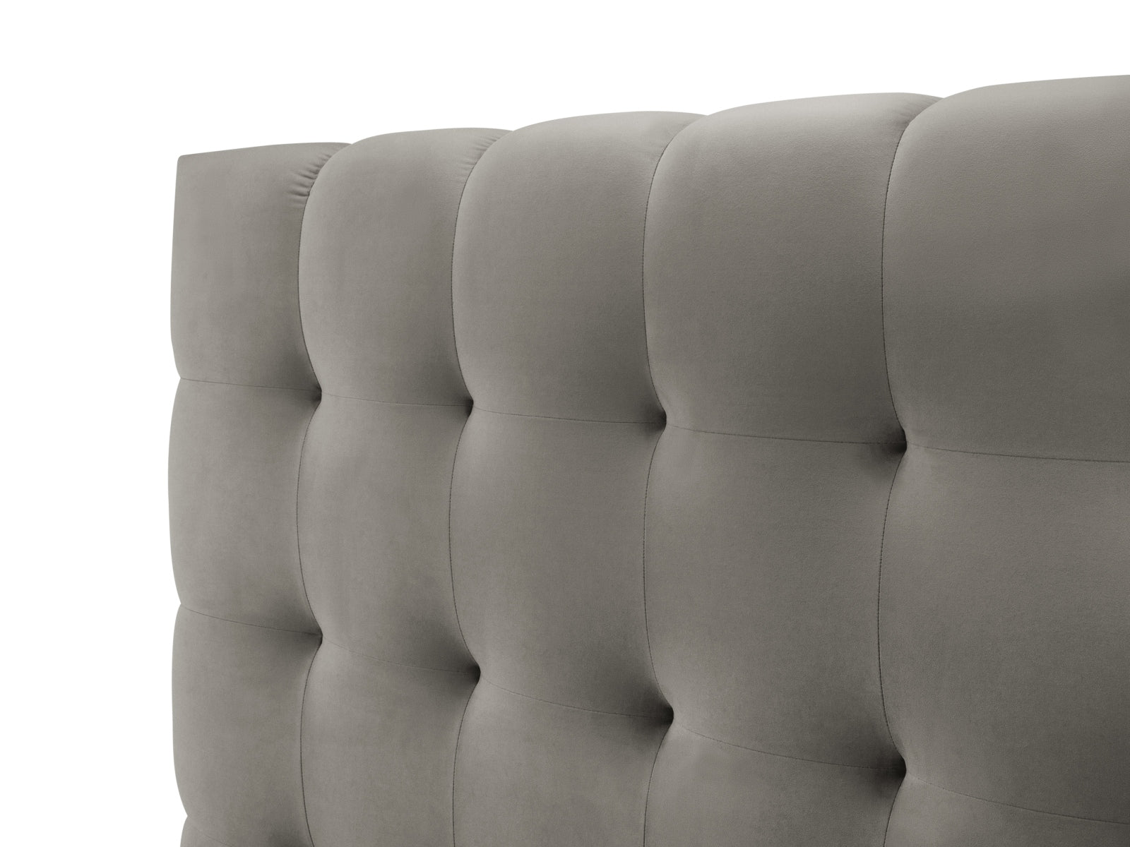 Elegantes Mamaia Velour Bett in sanftem Grau, bietet großzügigen Stauraum und ein luxuriöses doppeltes Kopfteil für optimalen Schlafkomfort.