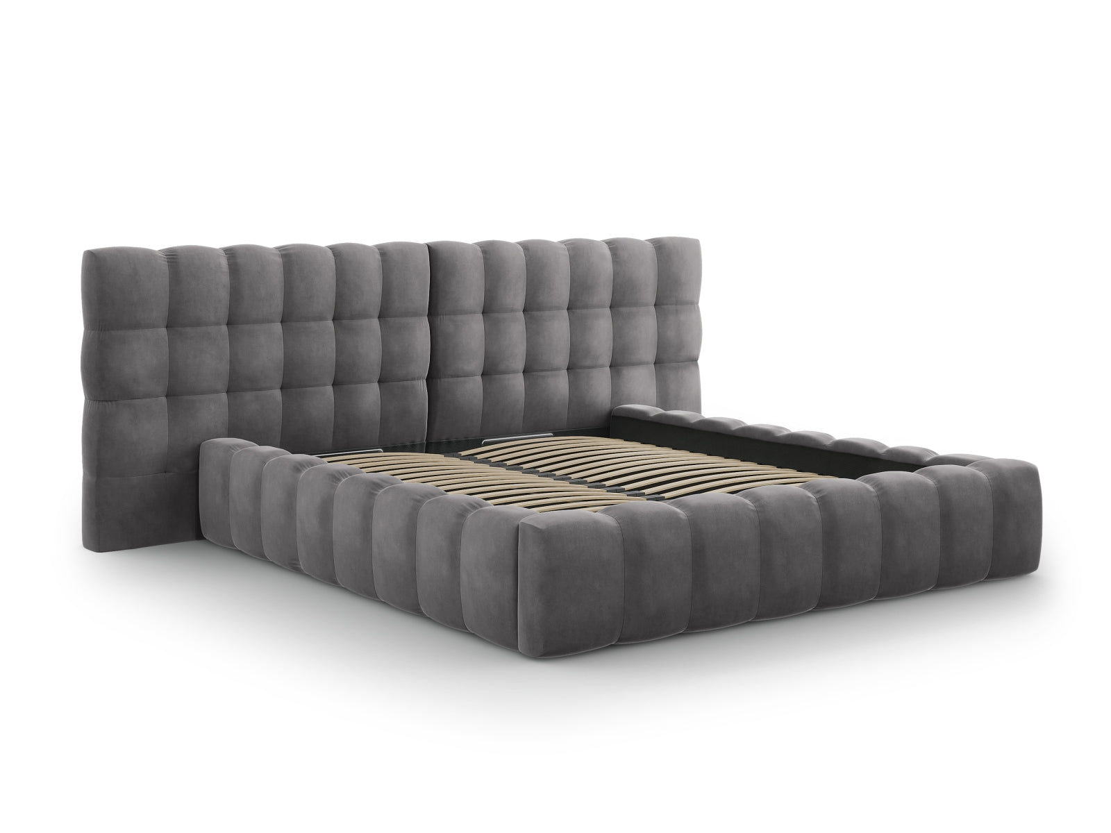 Stilvolles Mamaia Velour Bett in Grau, ausgestattet mit doppeltem Kopfteil und cleverem Stauraum für ein modernes Schlafzimmer.