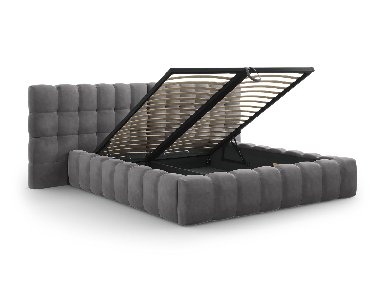Stilvolles Mamaia Velour Bett in Grau mit großzügigem Stauraum und doppeltem Kopfteil, perfekt für moderne Schlafzimmergestaltung.