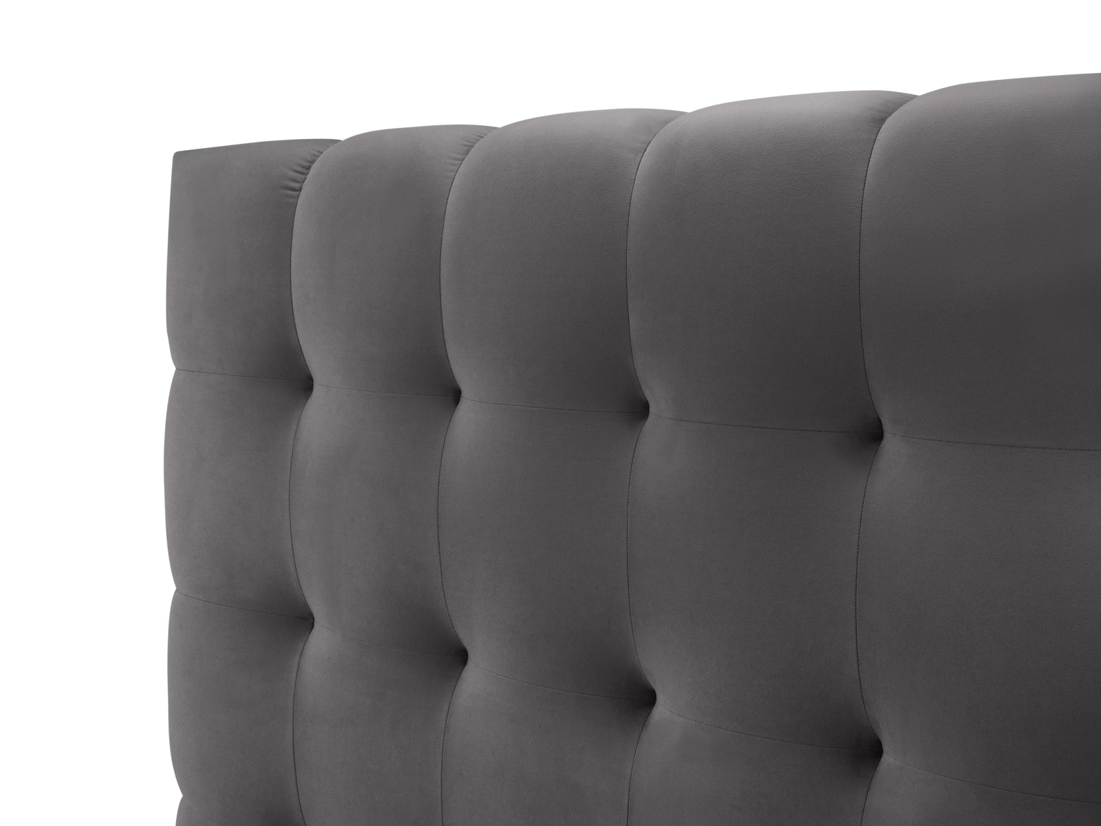 Elegantes Mamaia Velour Bett in Grau, ausgestattet mit praktischem Stauraum und einem doppelten Kopfteil für zusätzlichen Komfort.
