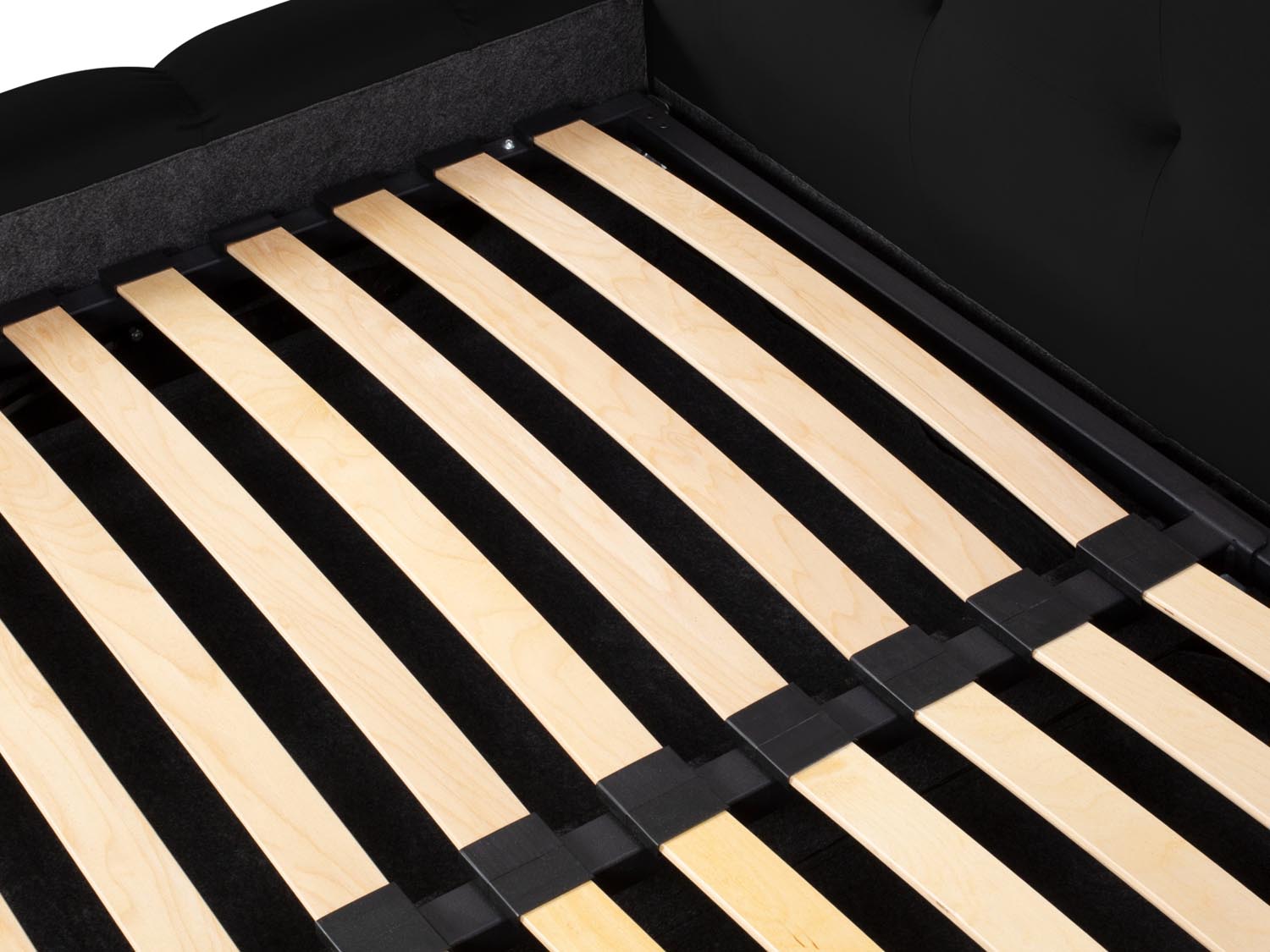 Stylisches Mamaia Velour Bett in edlem Schwarz, ausgestattet mit praktischem Stauraum und einem doppelten Kopfteil für zusätzlichen Komfort.