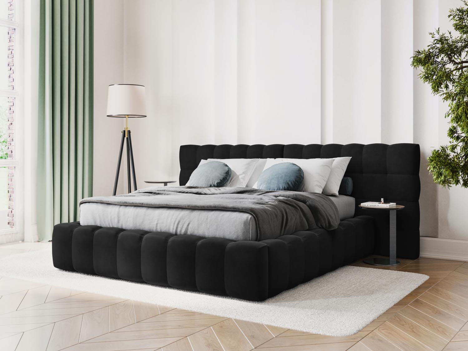 Elegantes Mamaia Velour Bett in Schwarz mit praktischem Stauraum und doppeltem Headboard, ideal für stilvolle Schlafzimmer.